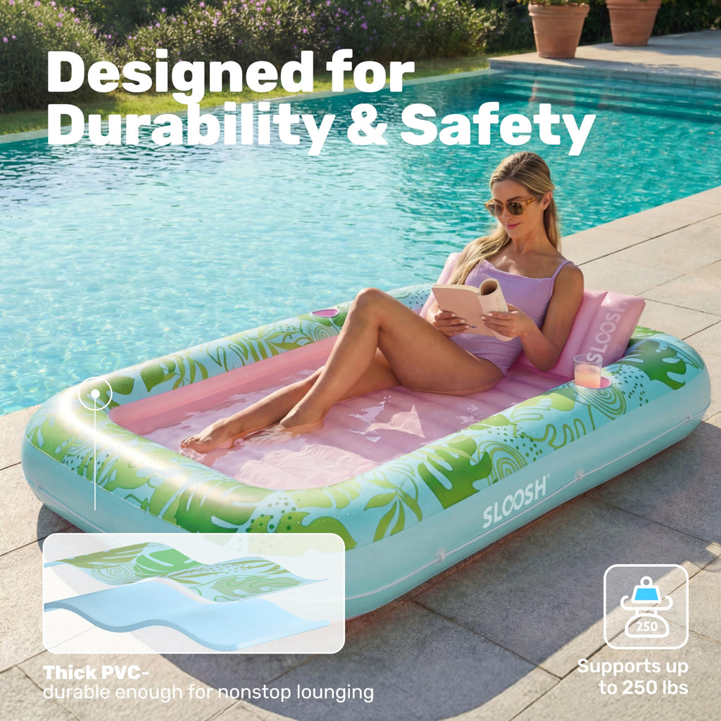 SLOOSH Inflatable Tanning Pool Lounger Float, 85" x 57" Extra Large Pool Floats Adult with Pillow, 4 in 1 Suntan Tub Raft Floatie,Sunbathing Bed Lounge for Water Blow Up Ball Pit Party Gifts, XL-Blue