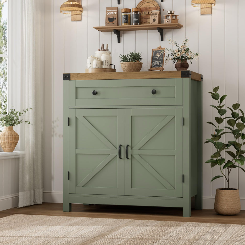 HOSTACK Coffee Bar Cabinet, Kitchen Storage Cabinet, Modern Farmhouse Buffet Sideboard with Drawer and Adjustable Shelf, Barn Door Accent Cabinets for Kitchen, Dining Room, Entryway, Ash Grey
