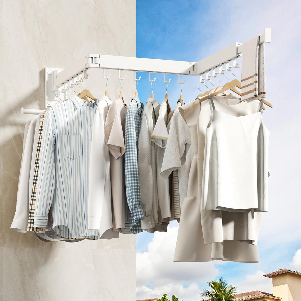 HEILAIYI Clothes Drying Rack for Laundry,Wall Mounted Clothes Hanger Rack,Folding,Retractable,Collapsible(J Shape Hooks)
