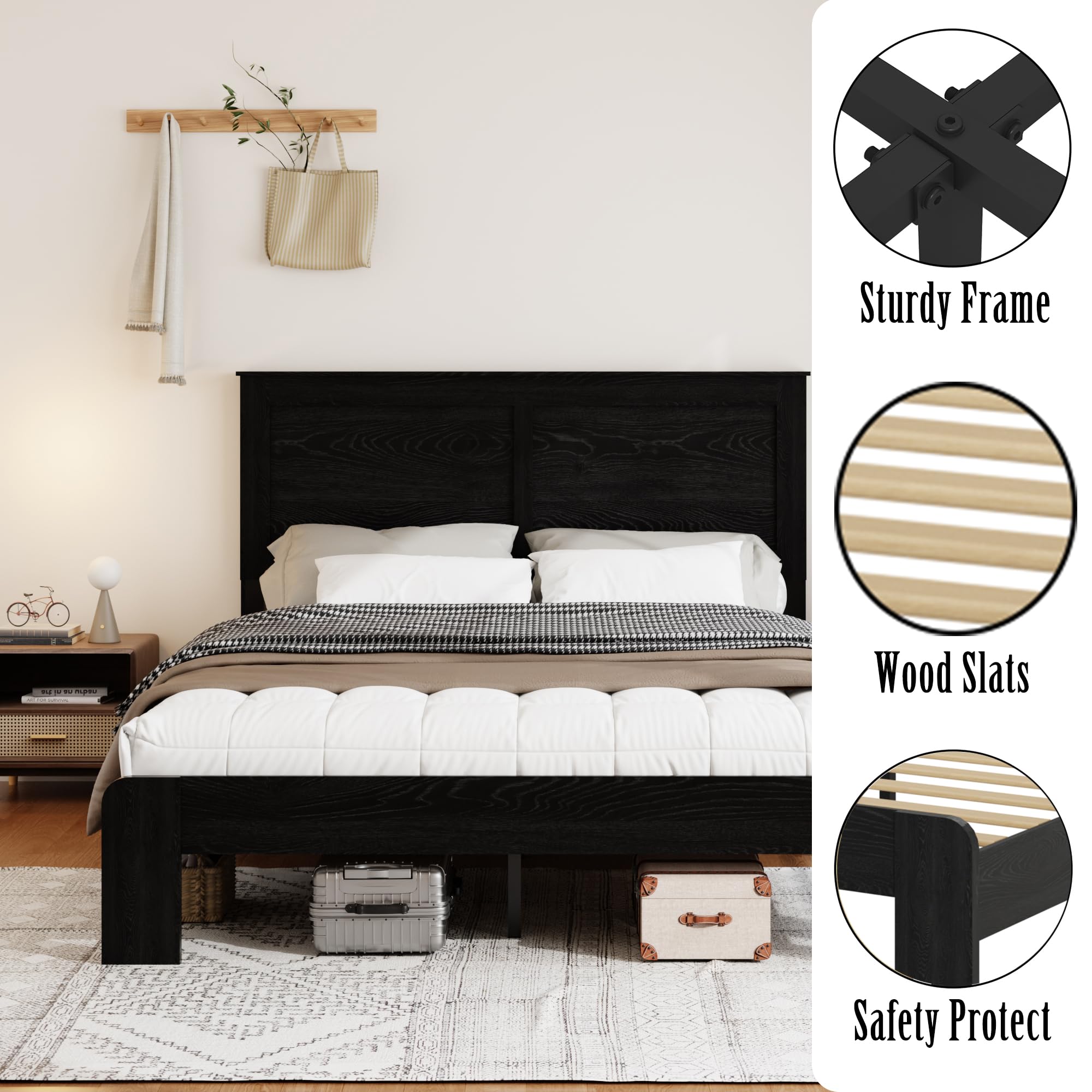 Wooden Bed Frame Full Size with Headboard, Farmhouse Platform Bedframe with Wood Slat Support, Sturdy Framework Bed Frame, Easy Assembly (Rustic Black)