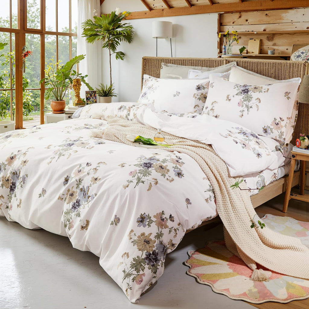 100% Natural Cotton Comforter Set Queen 3 Pcs Grayish Blue Bedding Sets with Luxurious Damask Pattern, Reversible Breathable Soft Comforter Sets for All Season