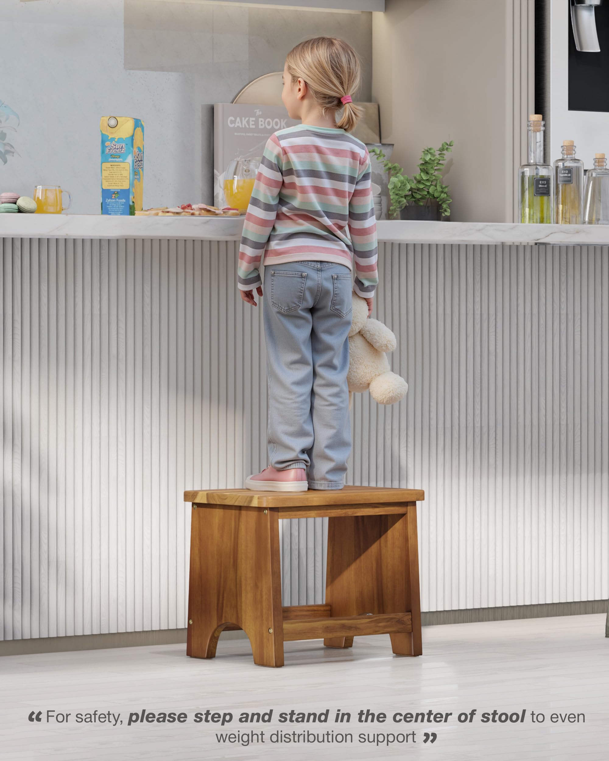 FANATU 13'' Wooden Step Stool, One Step Stool for Adults, Wooden Beside Step Stool with 550 Load Capacity (Acacia, 6.3 in – Metal Legs)