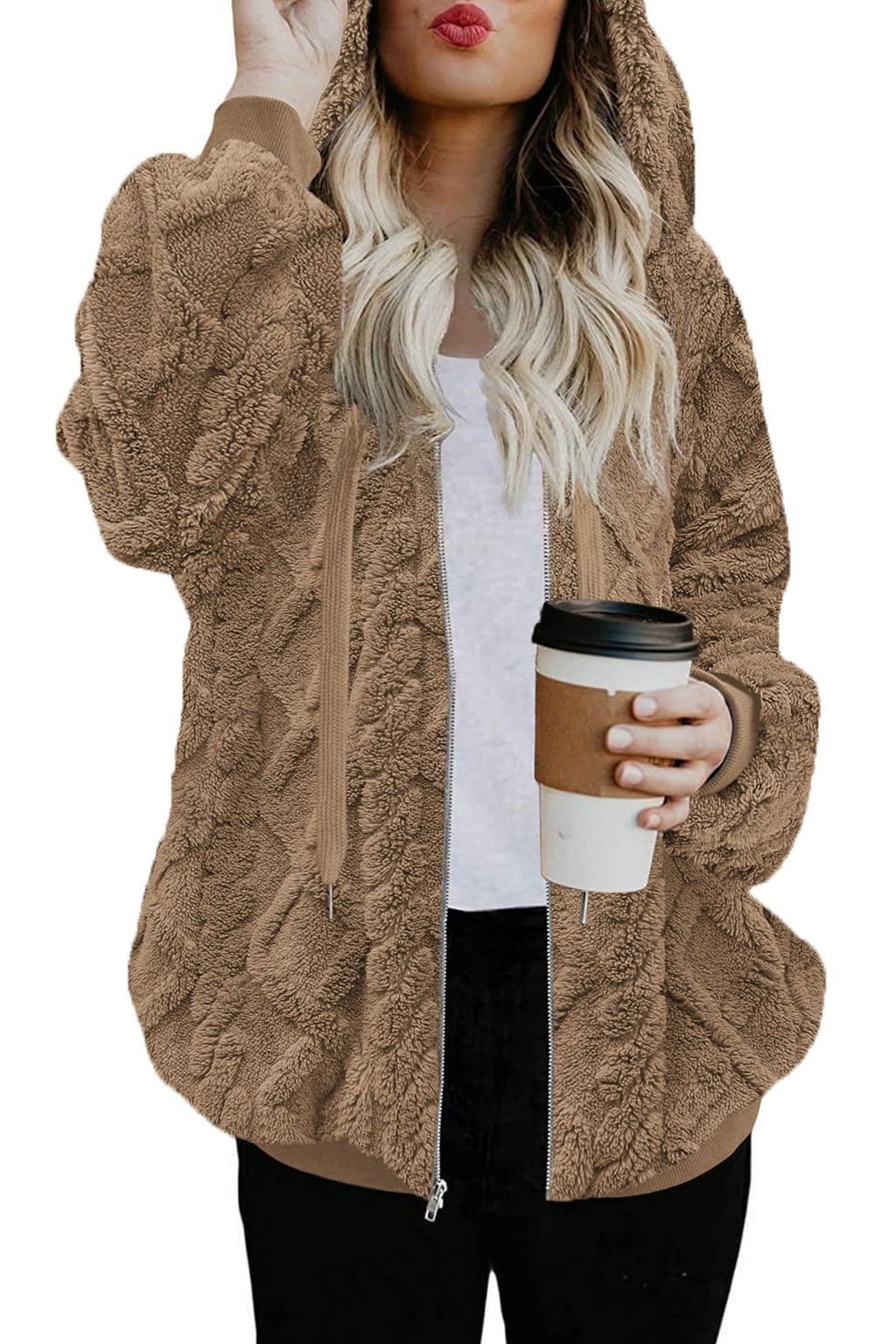 ReachMe Womens Oversized Sherpa Jacket Fuzzy Fleece Zip Up Hoodies with Pockets Warm Fall Outfits Winter Coats
