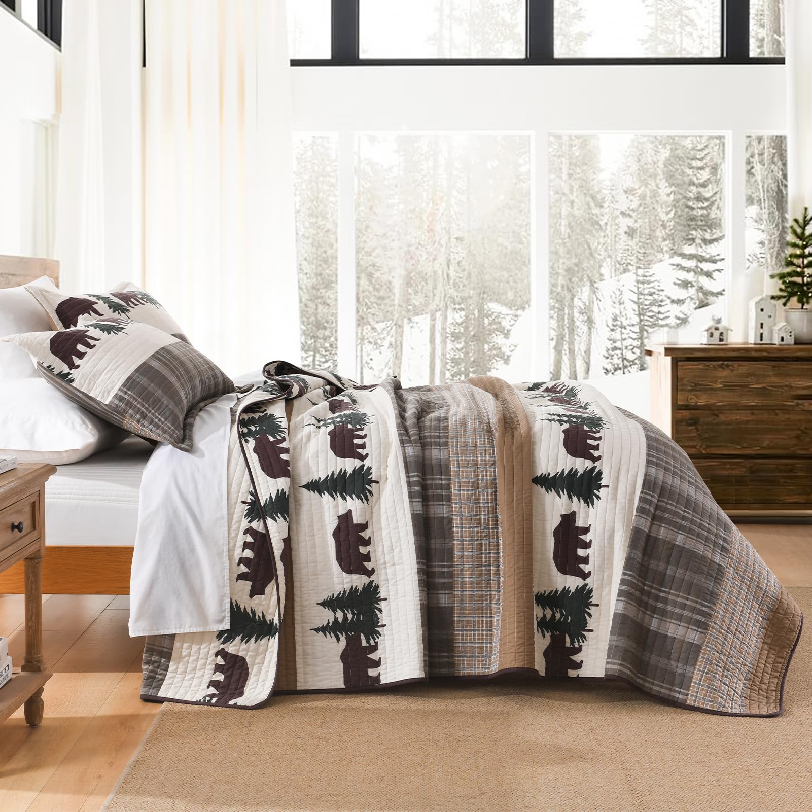 Y-PLWOMEN 100% Cotton Farmhouse Plaid Lightweight 3-Pieces Quilt Set (Blue Brown, Queen90 * 98 Inch)