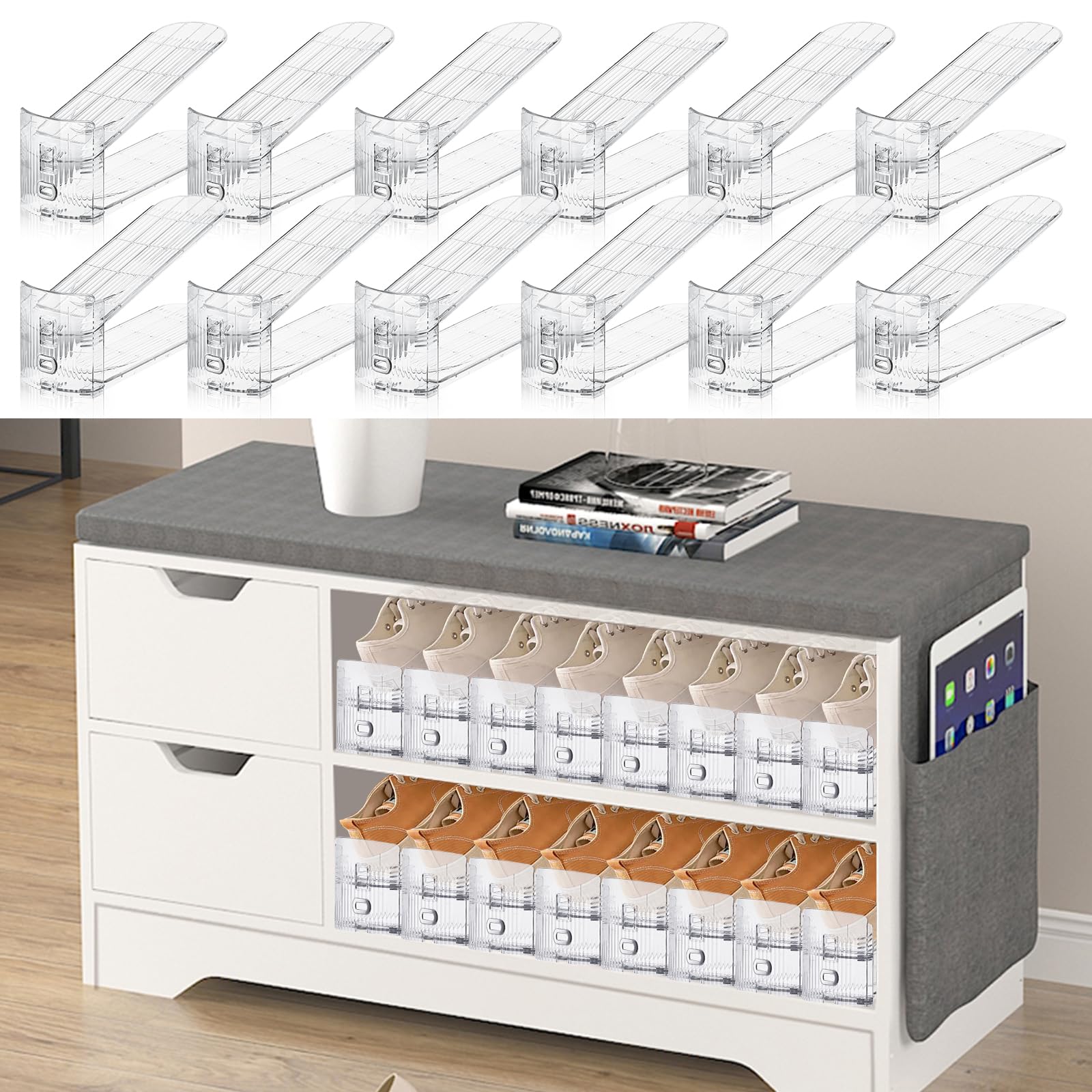 FENRUNXU Shoe Slots Organizer for Closet, Shoe Stacker Organizer Double Layer Stack Shoe Rack, Shoe Display Shelf 50% Space Saver Storage Holder for Closet, 12PACK
