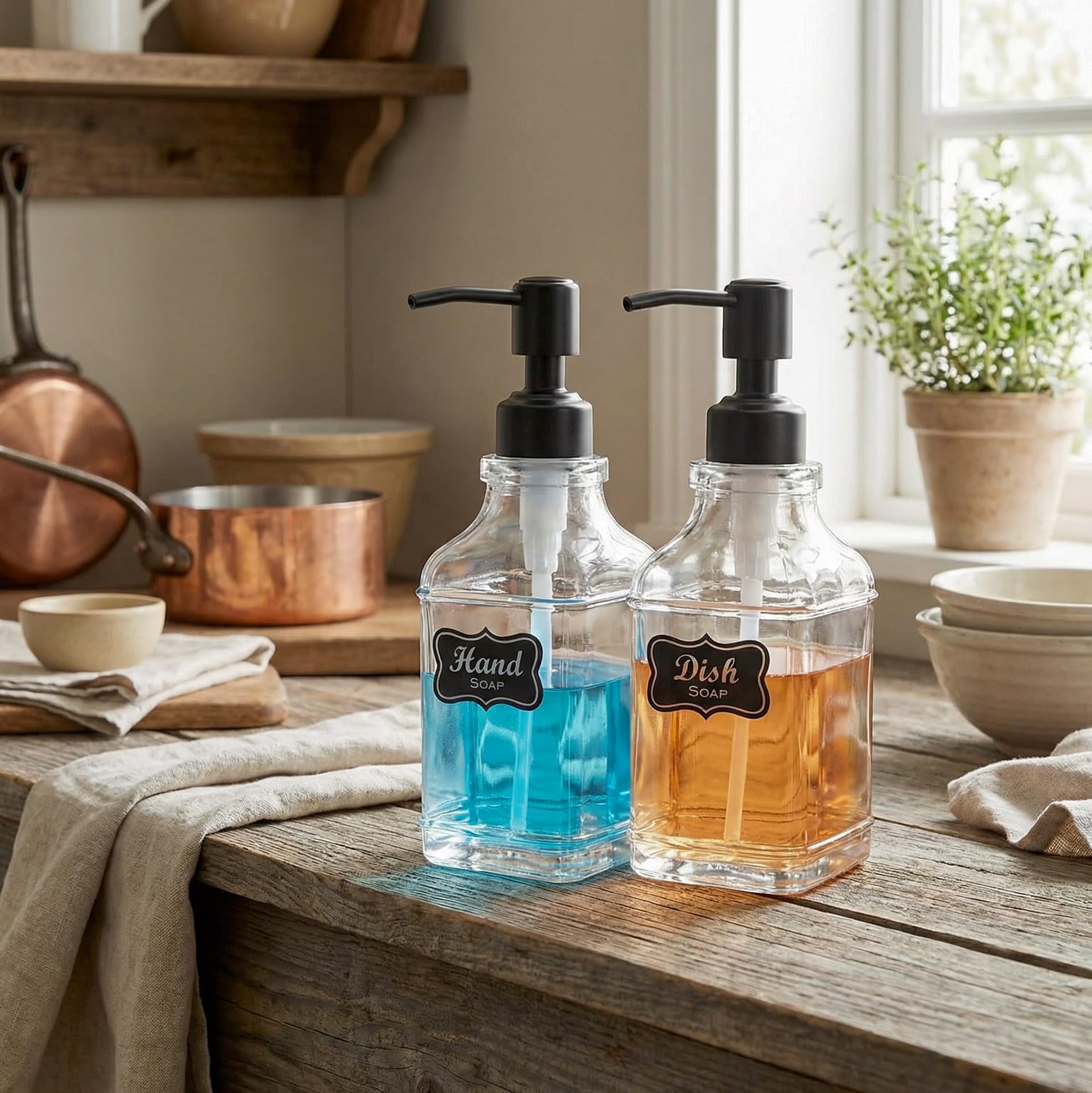 JASAI Antique Design Soap Dispenser with Rust Proof 304 Stainless Steel Pump, Refillable Glass Soap Dispenser with 10Pcs Clear Stickers, Premium Kitchen & Bathroom Soap Dispenser