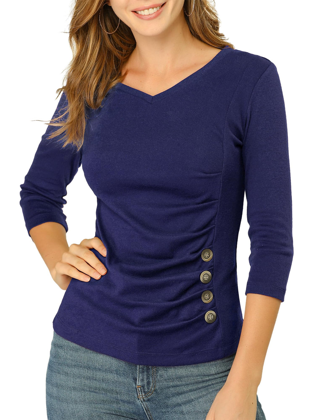 Allegra K Women's V Neck Tops 3/4 Sleeves Solid Knitted Buttons Decor Ruched Blouse