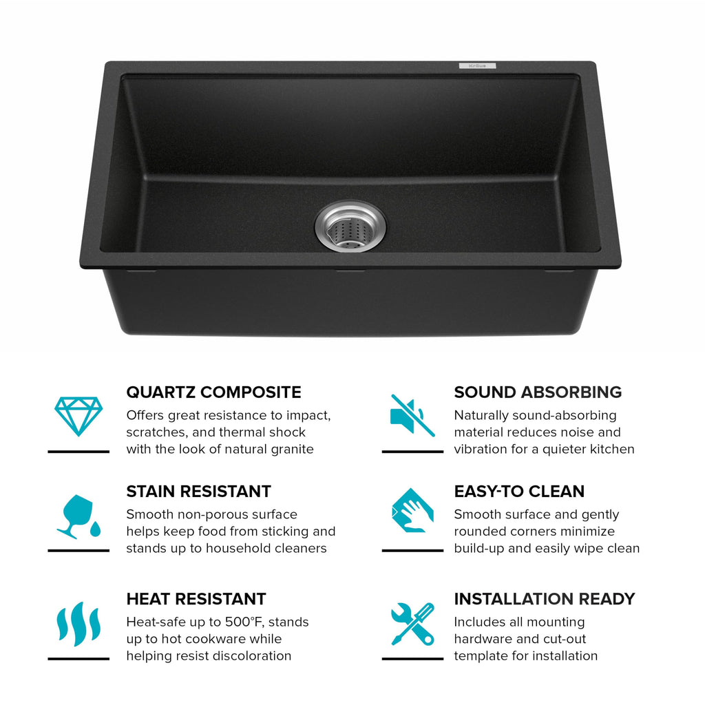 KRAUS Quarza 31-inch Undermount Single Bowl Granite Kitchen Sink in Black Onyx, KGU-413B