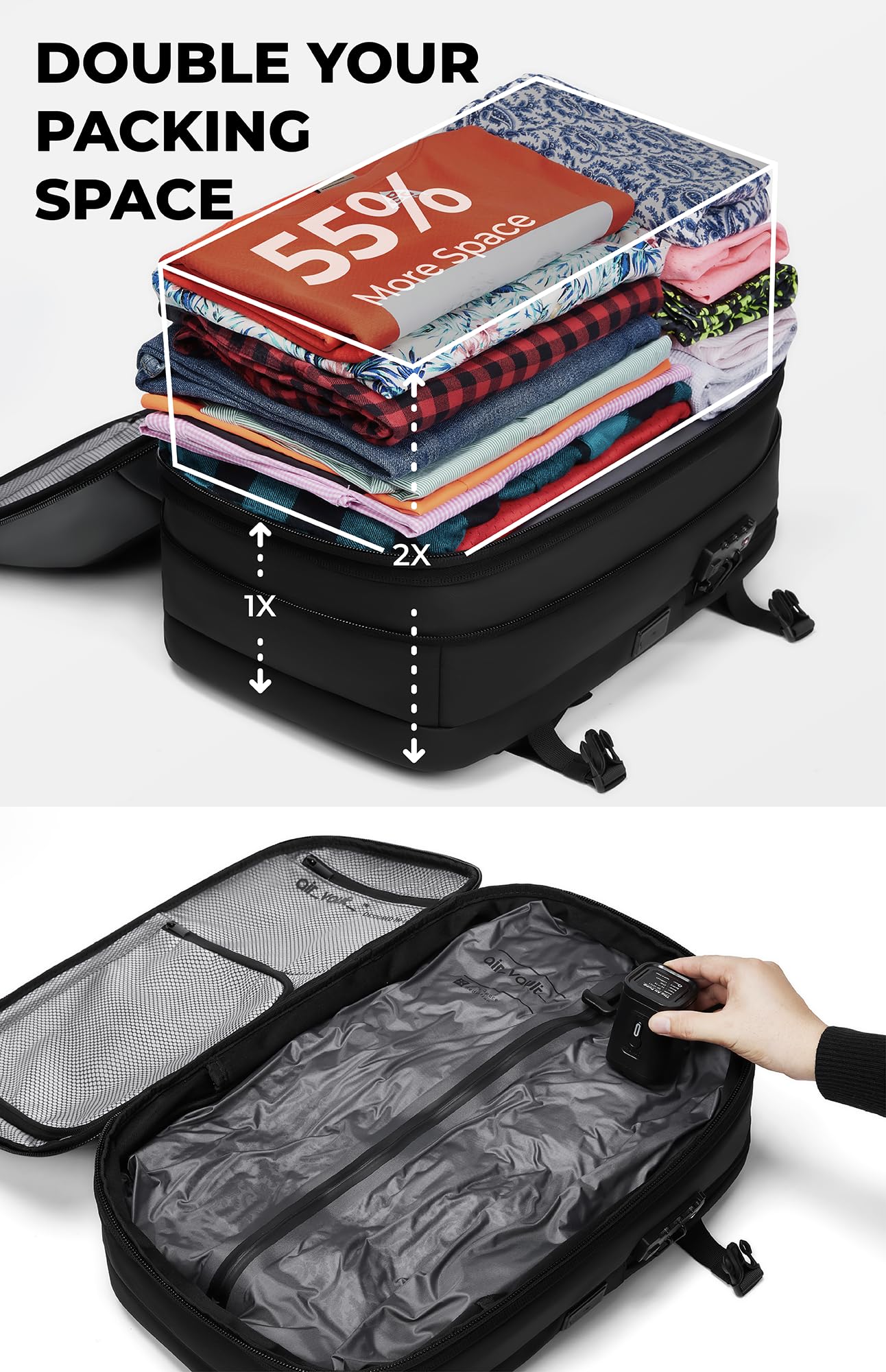AirVault Vacuum Seal Travel Backpack 60L with Expandable HyperSeal Air Compression Vacuum System Water Resistant TSA Lock (Vacuum Pump Included, Black, 60L)