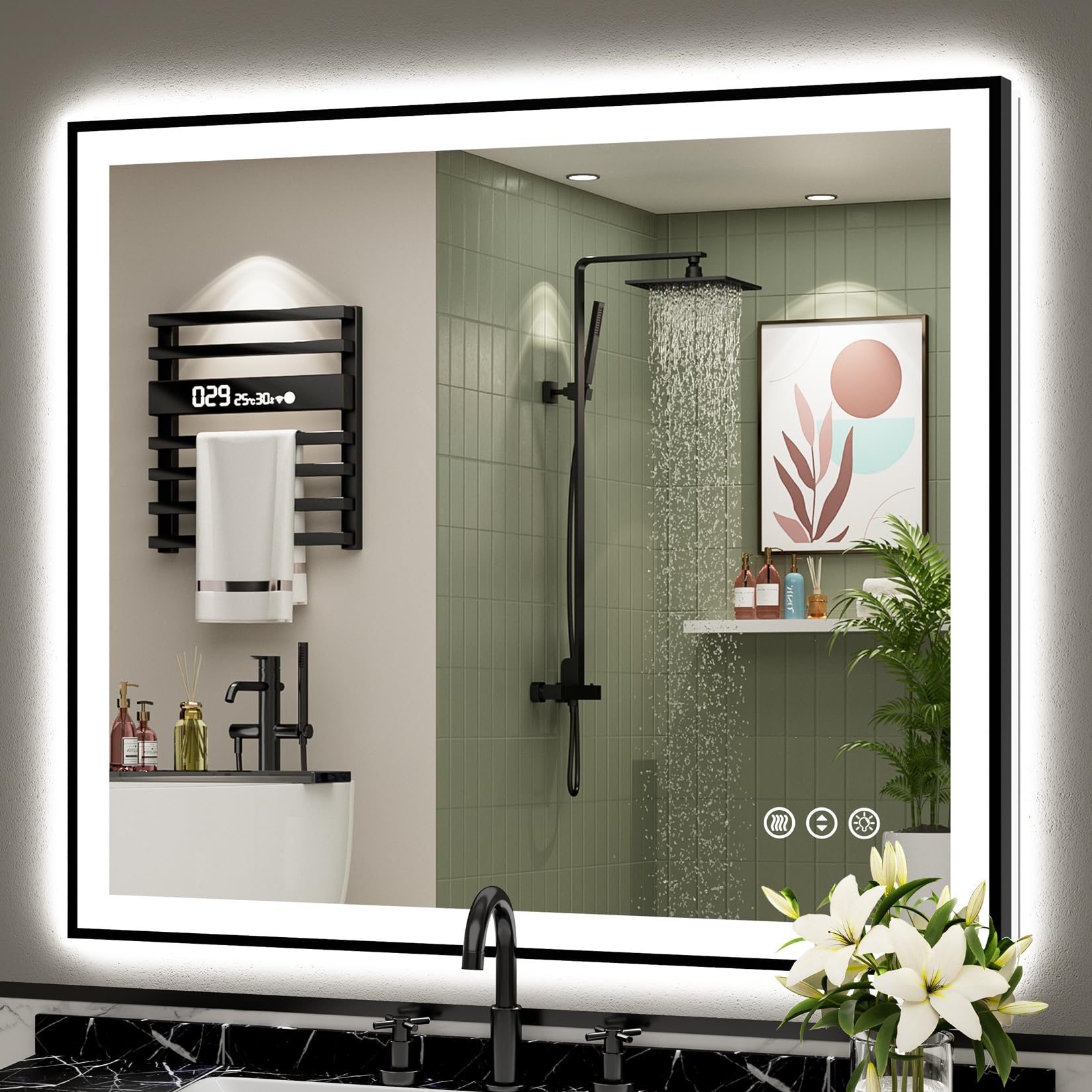 24x32 Black Framed LED Bathroom Mirror with Lights, Backlit and Front Lit Anti-Fog Lighted Vanity Mirrors for Bathroom Wall, Dimmable, 3 Colors, Memory, HD Tempered Glass, Horizontal/Vertical