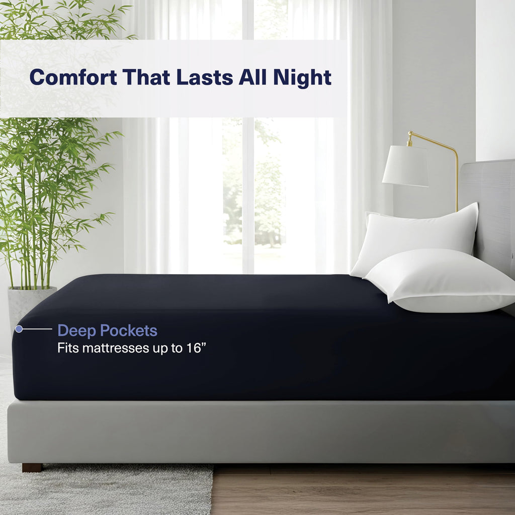 Kickoff Viscose Bamboo Fitted Sheet Twin Size, 100% Organic Cooling Sheets Fitted ONLY Viscose Bamboo Sheets Twin Size Bed Sheet for Hot Sleepers, Extra Deep Pocket, 4 Corner Strap (T, Onyx Black)