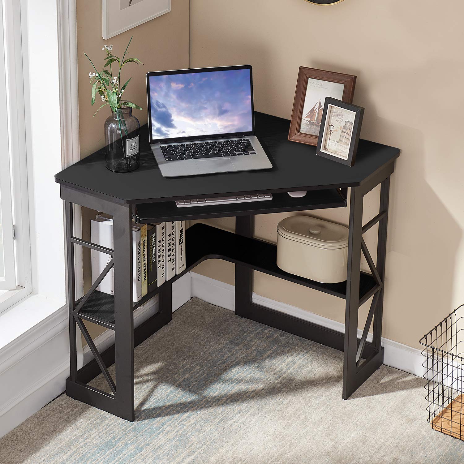 VECELO Corner Desk Computer Desk Writing Table with Smooth Keyboard Tray & Storage Shelves,Compact Home Office Triangle Table,Antique Brown