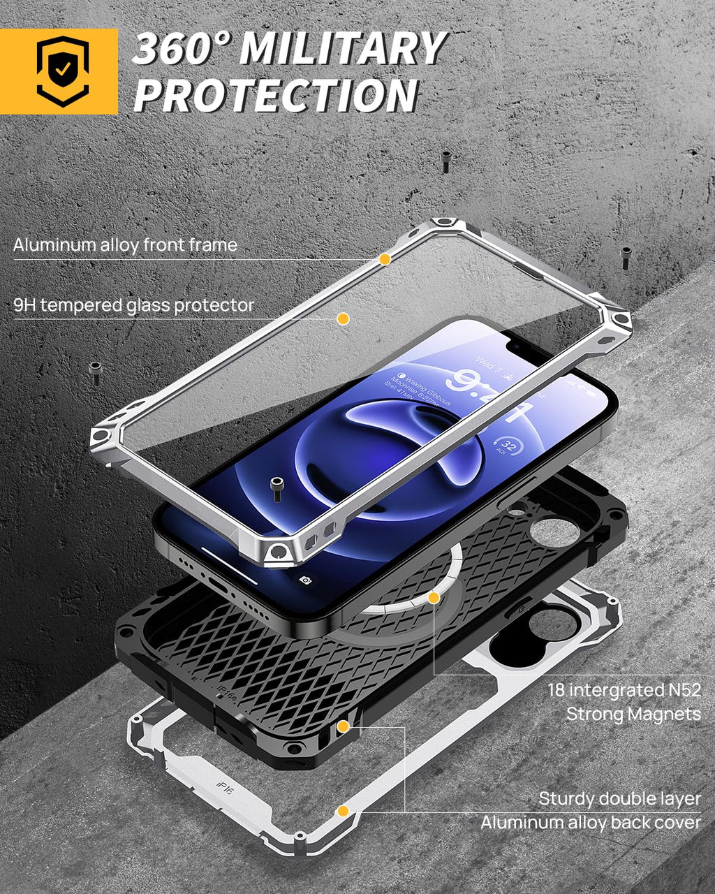 Lanhiem for iPhone 16 Metal Case with Camera Cover & Stand [Compatible with MagSafe] [Built-in Kickstand] [Military-Grade Protection] Heavy Duty Rugged Magnetic Phone Case, Black