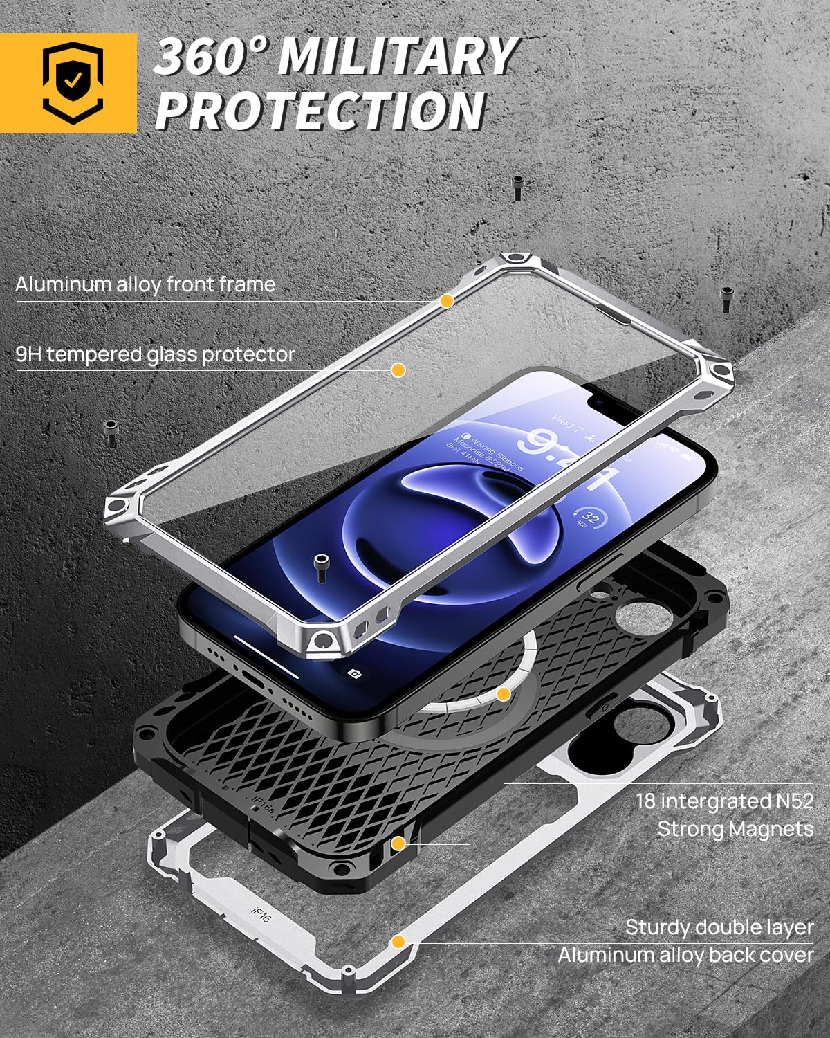 Lanhiem for iPhone 16 Metal Case with Camera Cover & Stand [Compatible with MagSafe] [Built-in Kickstand] [Military-Grade Protection] Heavy Duty Rugged Magnetic Phone Case, Black