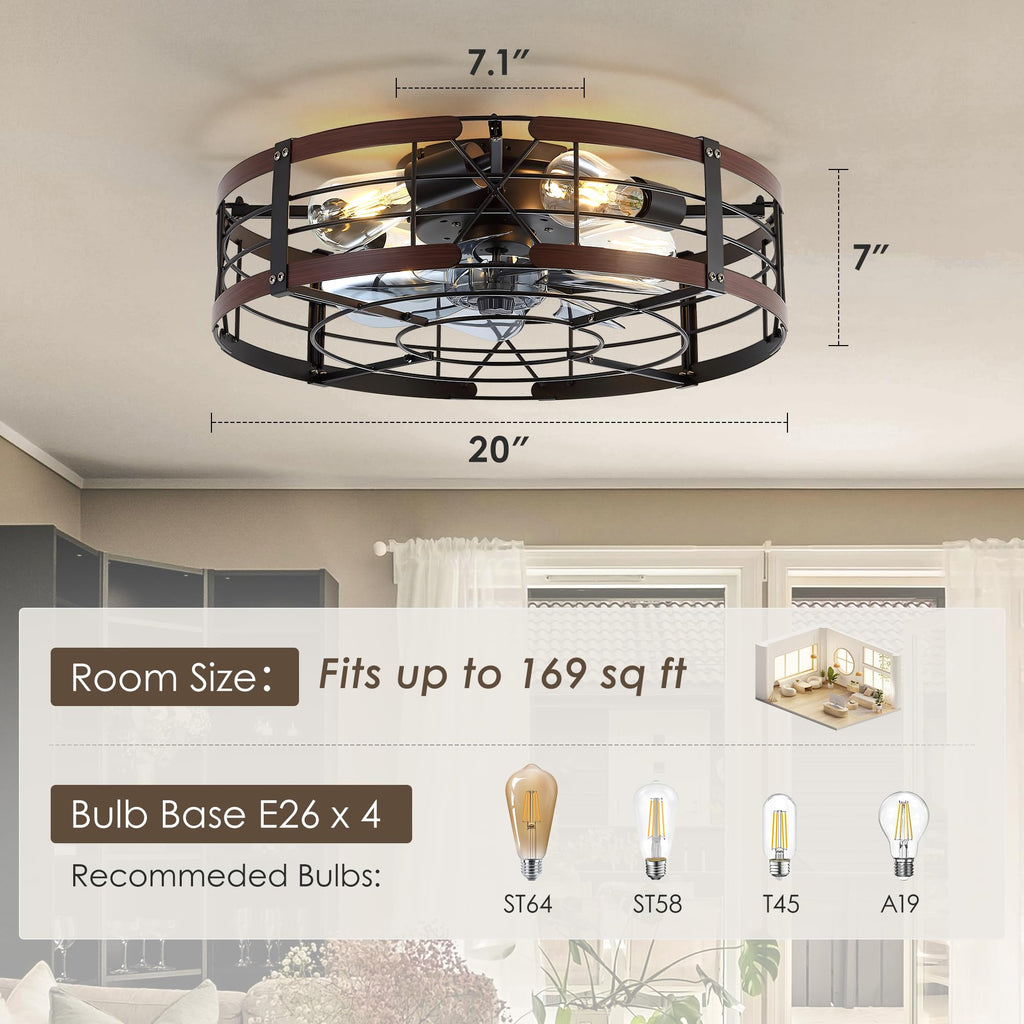 ZYD Caged Ceiling Fan with Light, 20" Ceiling Fan with Lights and Remote Flush Mount, Bladeless Caged Ceiling Fans with Lights, Matte Black Rustic Fan for Bedroom, Kitchen, Dining Room