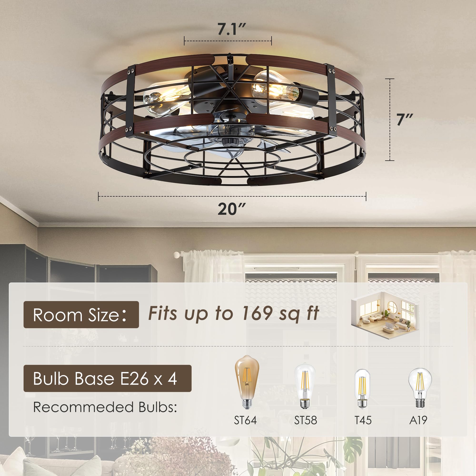 ZYD Caged Ceiling Fan with Light, 20" Ceiling Fan with Lights and Remote Flush Mount, Bladeless Caged Ceiling Fans with Lights, Matte Black Rustic Fan for Bedroom, Kitchen, Dining Room