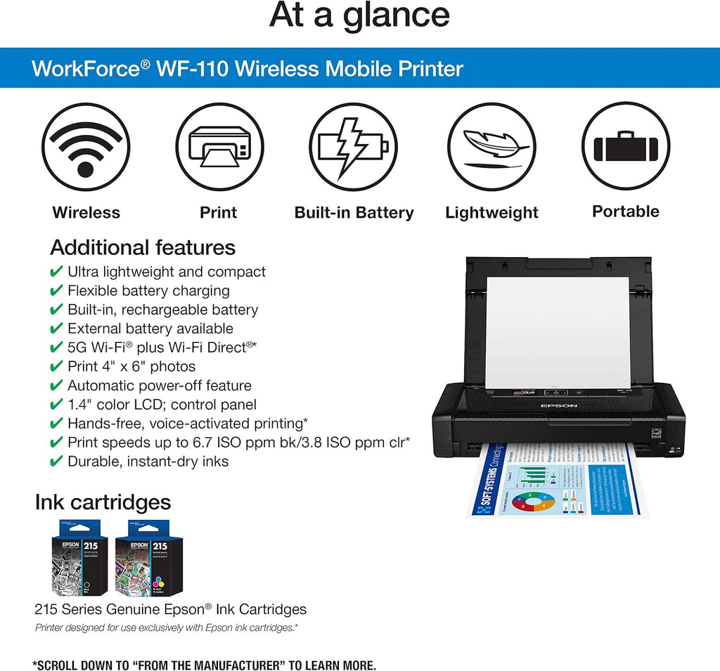 Epson WorkForce WF-110 Wireless Color Mobile Portable Inkjet Printer