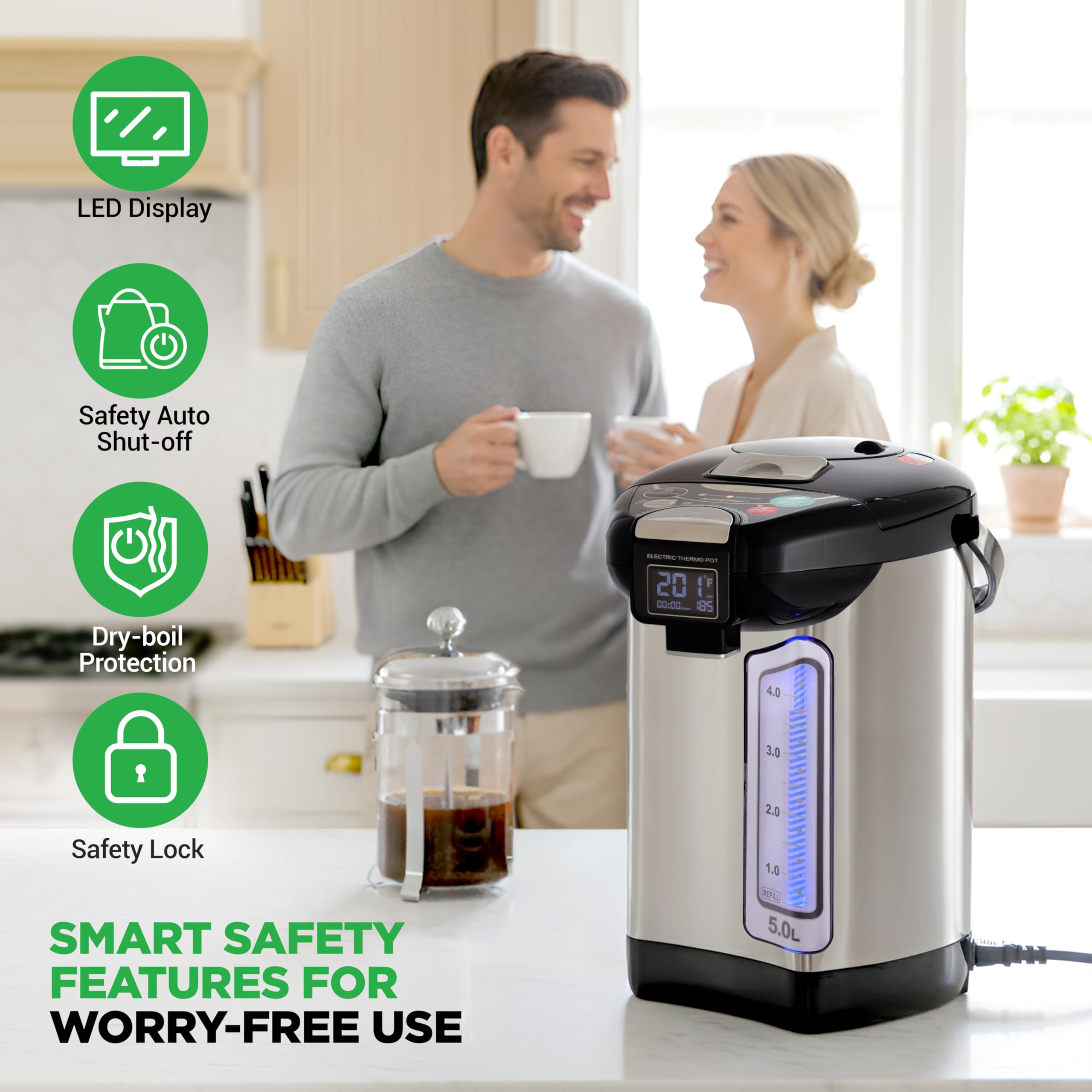 NutriChef Digital Water Boiler and Warmer - 3L/3.17 Qt Stainless Electric Hot Water Dispenser w/ LCD Display, Rotating Base, Keep Warm, Auto Shut Off, Safety Lock, Instant Heating for Coffee & Tea