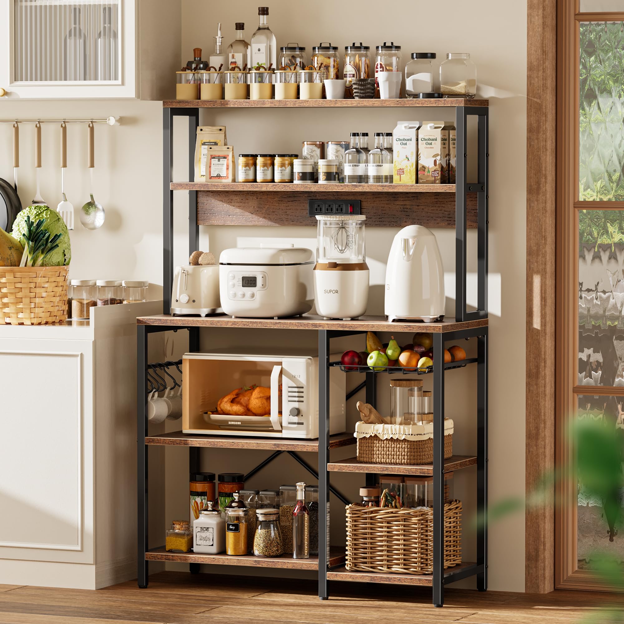 SUPERJARE Bakers Rack with Power Outlet, 35.4 Inches Coffee Bar with Wire Basket, Kitchen Microwave Stand with 6 S-Shaped Hooks, Open Storage Shelves, Black