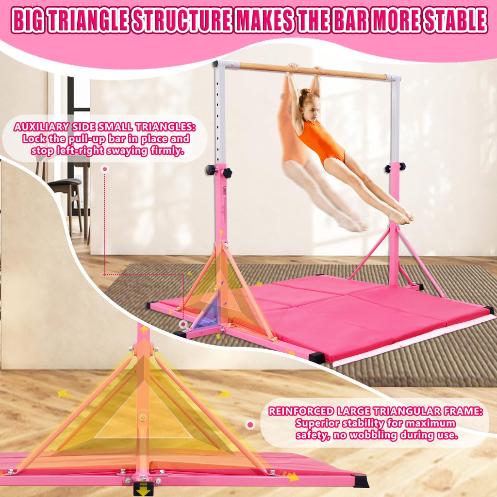FC FUNCHEER Gymnastics Bar for Kids Ages 3-15, 35" to 60" Adjustable Height, 4FT Wide Base - Professional Kip Bar with 360° Stability & Fiberglass Crossbar, Easy Fold&Solid Design for Home Training