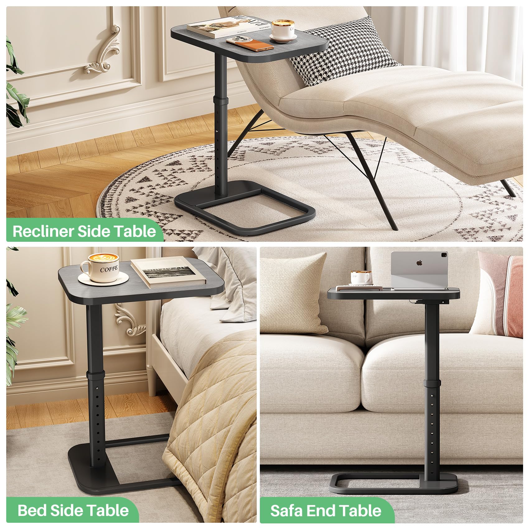 Kitstorack TV Tray Table, Adjustable Height & Rounded Metal Corners, Snack Table for Couch, Sofa, Bed, Chair, Living Room, C Shaped End Side Table for Eating, Dinner or Laptop, Small Spaces, Black