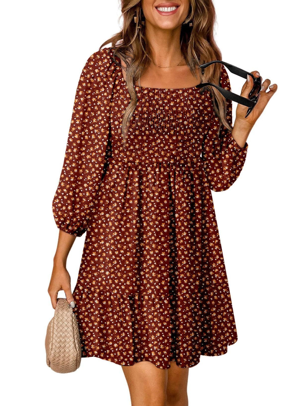 Dokotoo Fall Dresses for Women 2025 Boho Floral Square Neck Smocked 3/4 Sleeve Casual A-Line Swing Mini Dress Sundress