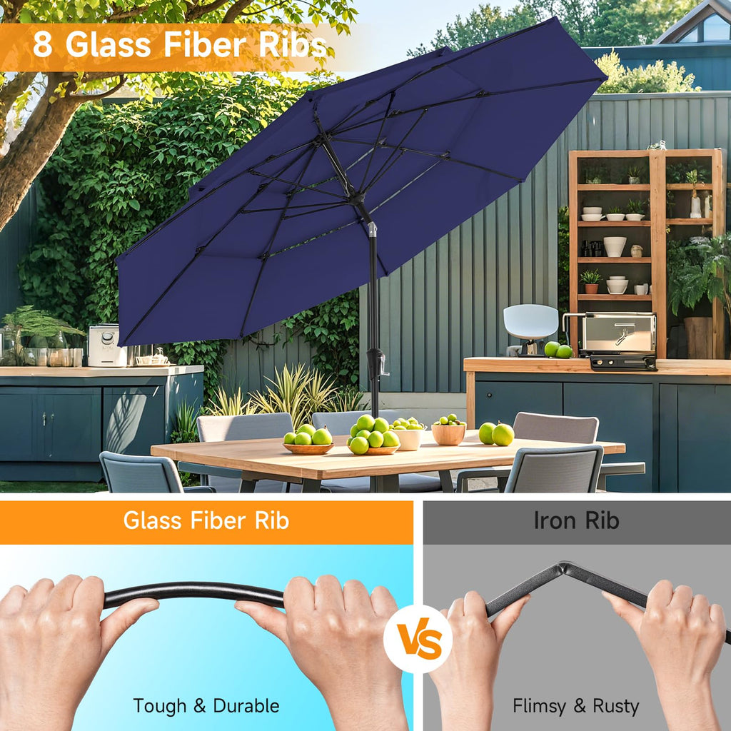 ONBRILL 10 FT Patio Umbrella, 3 Tier Outdoor Table Umbrella with 8 Sturdy Glass Fiber Ribs and Push Button Tilt, Outdoor Patio Umbrellas for Market Pool Garden Backyard, 1.5" Pole, Blue (No Base)