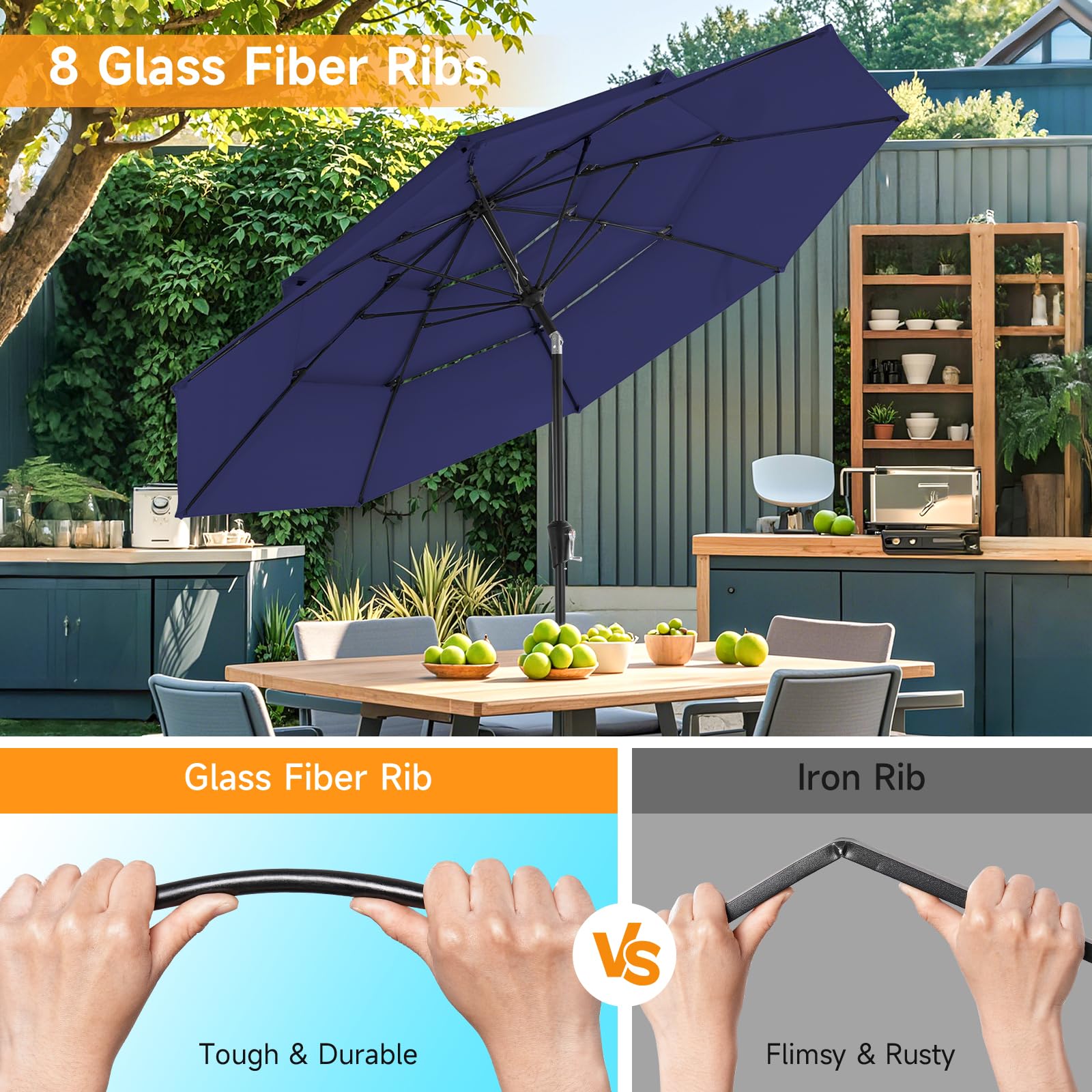 ONBRILL 10 FT Patio Umbrella, 3 Tier Outdoor Table Umbrella with 8 Sturdy Glass Fiber Ribs and Push Button Tilt, Outdoor Patio Umbrellas for Market Pool Garden Backyard, 1.5" Pole, Blue (No Base)