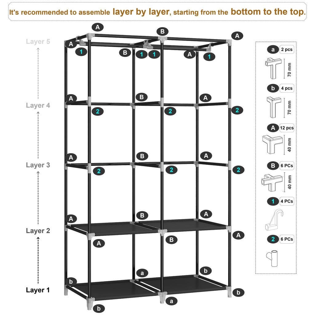 MOGELAFOO Portable Closet Wardrobe for Small Room, 35-Inch Clothing Organizer Storage Rack with 2 Clothes Hanging Rods and 4 Shelves, Non-Woven Fabric Cover, Black