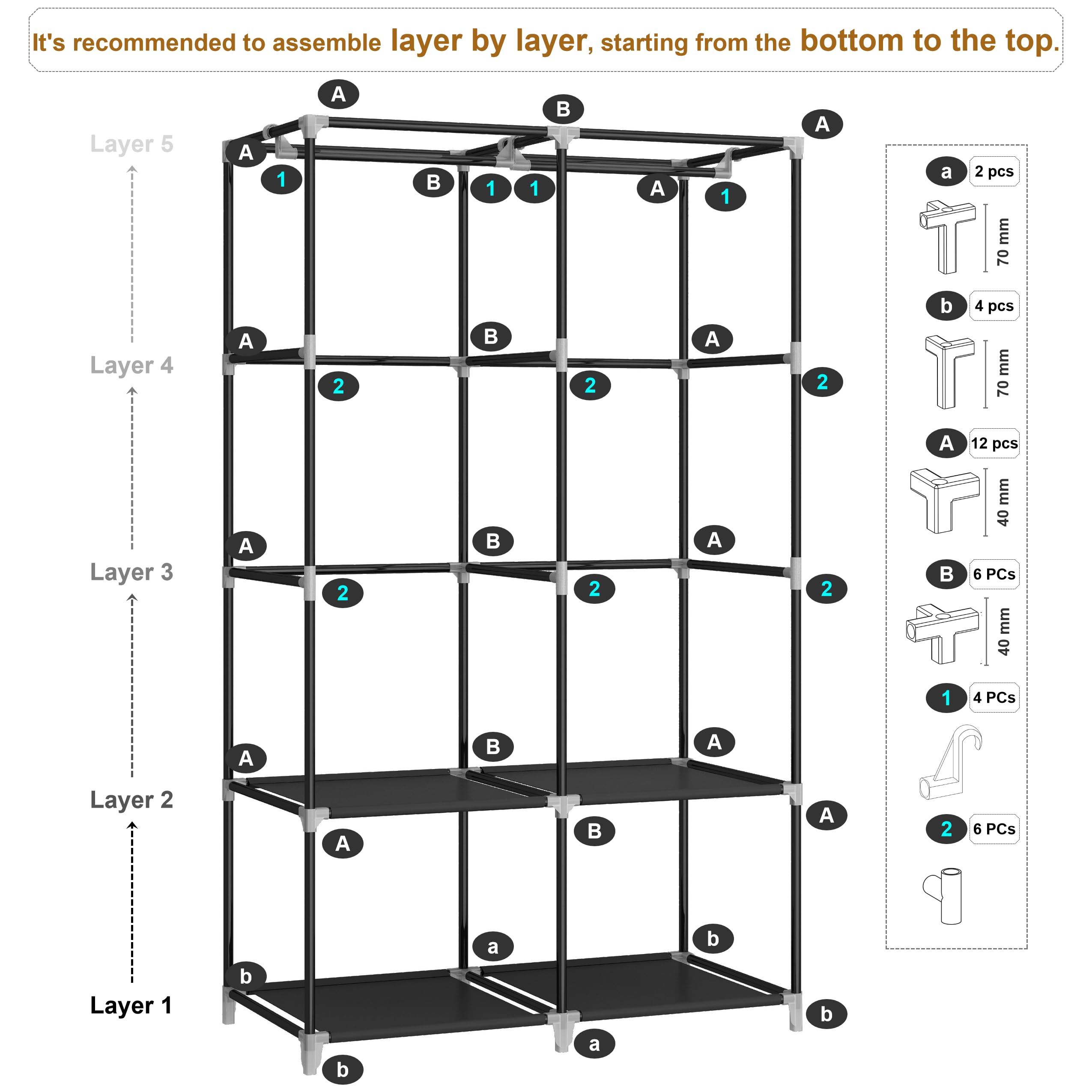 MOGELAFOO Portable Closet Wardrobe for Small Room, 35-Inch Clothing Organizer Storage Rack with 2 Clothes Hanging Rods and 4 Shelves, Non-Woven Fabric Cover, Black