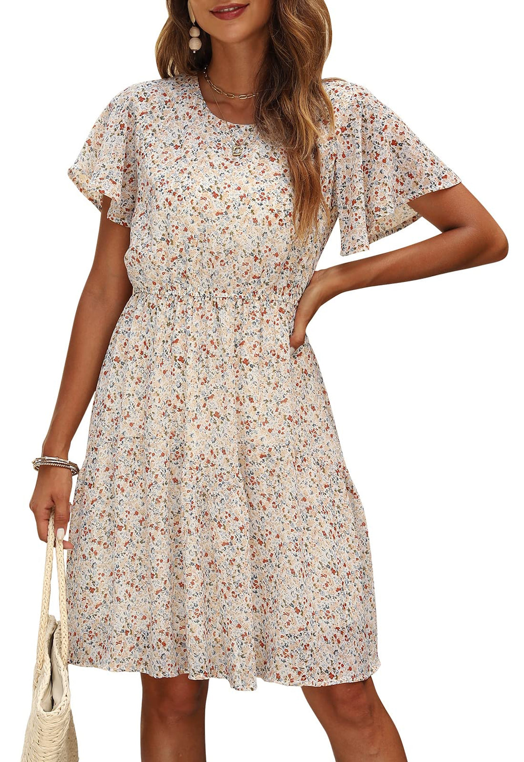 Manydress Women's Chiffon Floral Dresses Casual Summer Boho Flutter Sleeve Flowy Skater Western Dress MY112