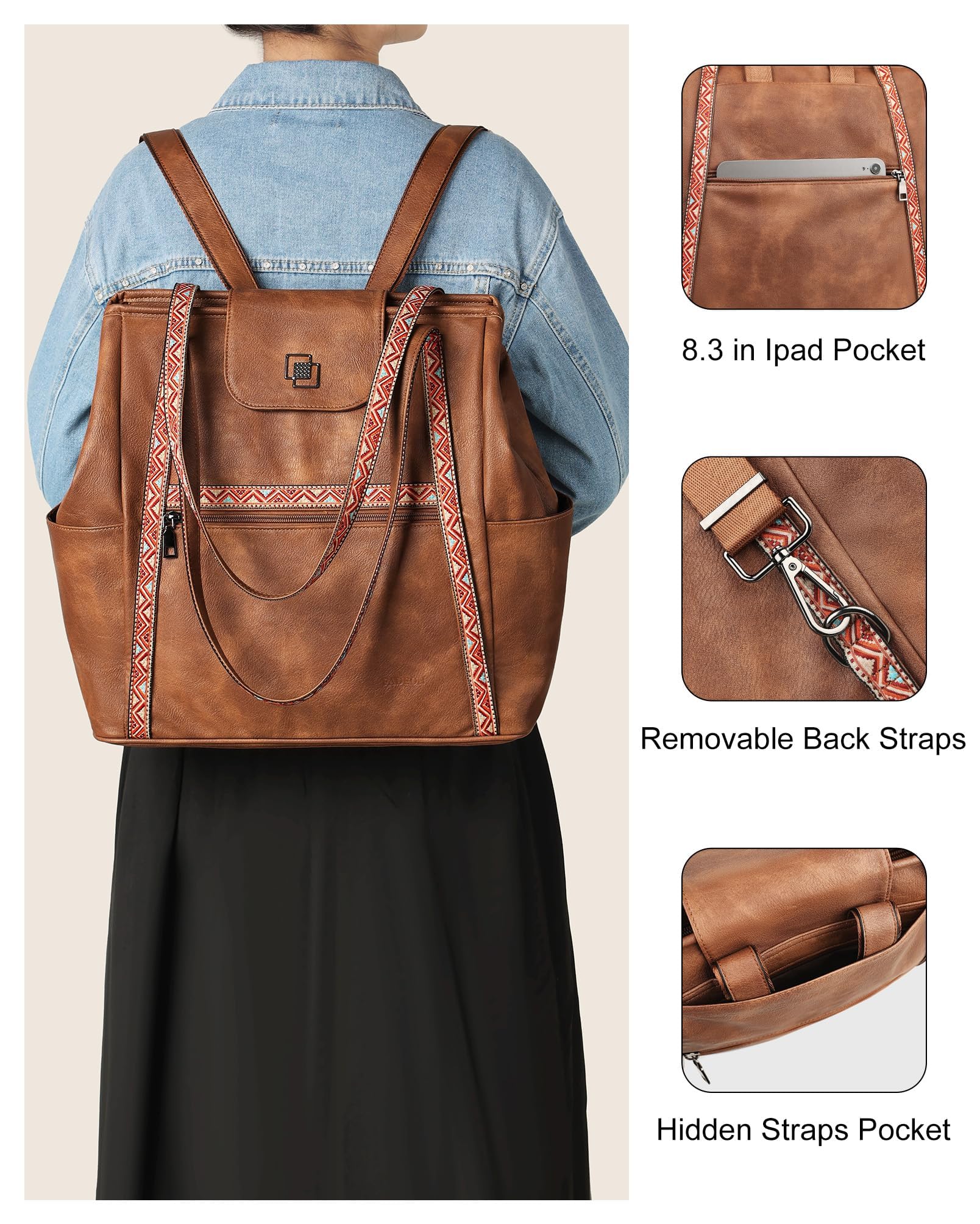 FADEON Large Laptop Tote Bag for Women Designer Leather Laptop Bag Fashion Travel Backpack Purse Shoulder Handbag