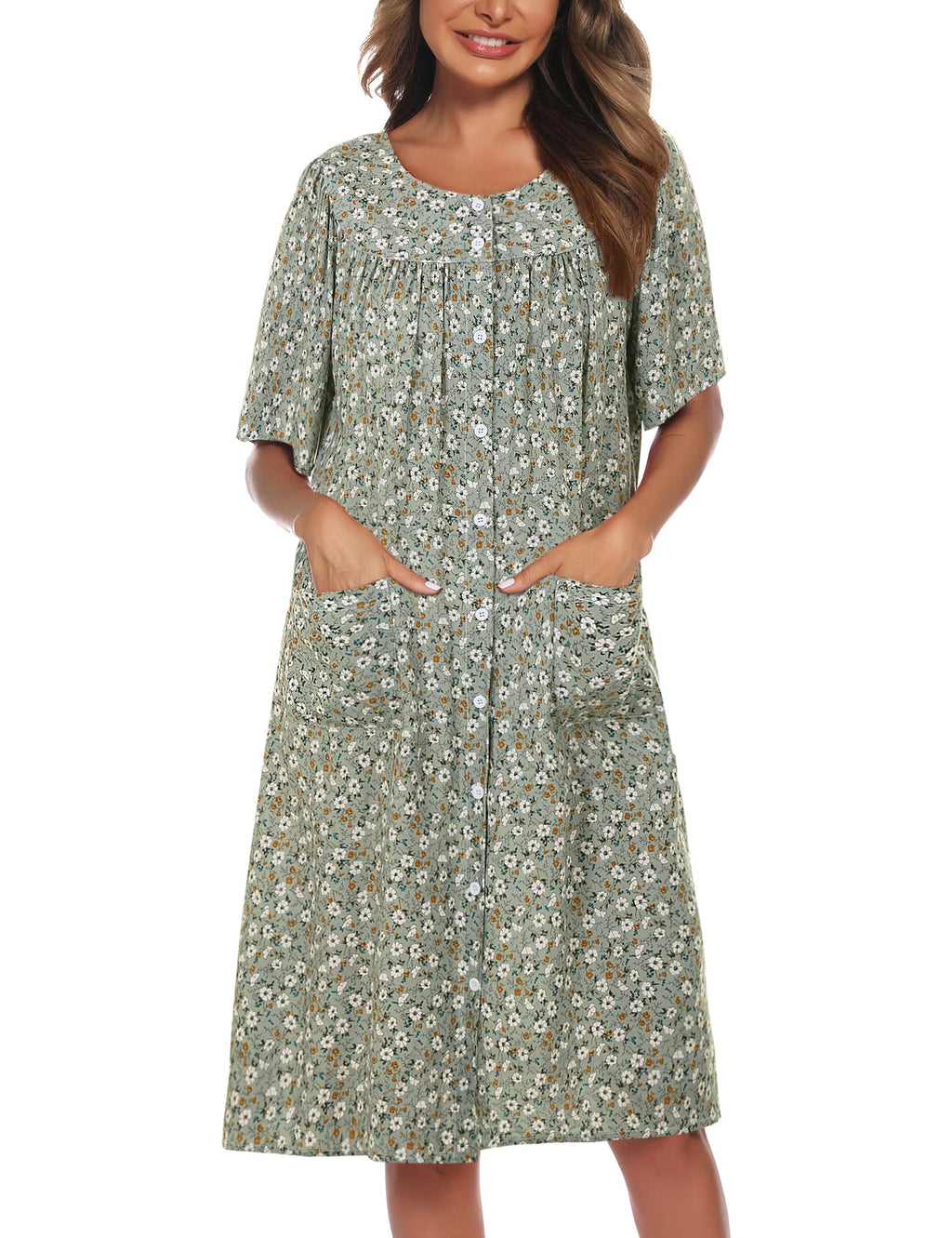 COSUNIONY House Dresses for Women Cotton Short Sleeve House Coat Buttons Down Dusters Robe with Pockets S-XXL