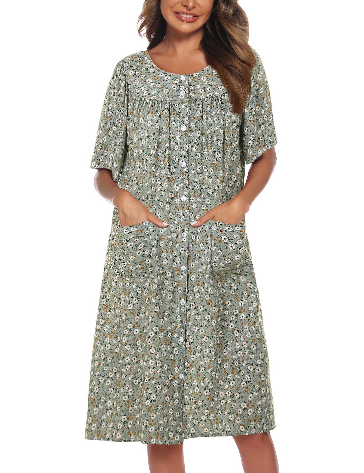 COSUNIONY House Dresses for Women Cotton Short Sleeve House Coat Buttons Down Dusters Robe with Pockets S-XXL