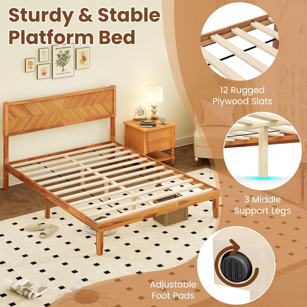 Giantex Wood Twin Bed Frames with Headboard, Solid Acacia Wood Platform Bed with 12 Strong Wooden Slat Support, Scandinavian Style Art Deco Twin Size Bed Frame, No Box Spring Needed, Rustic Brown