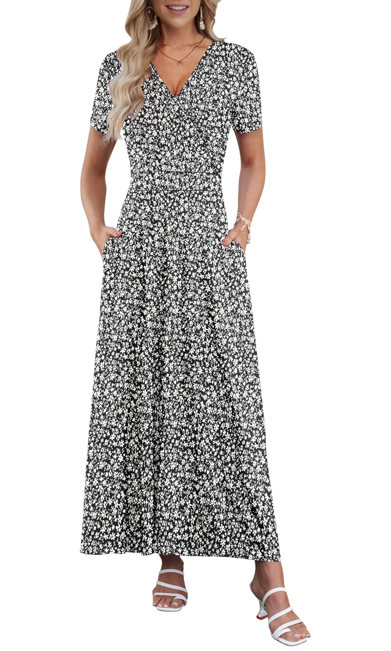 AUSELILY Maxi Dresses for Women Ankle Length Floral Print Beach Long Flowy Dress with Pockets