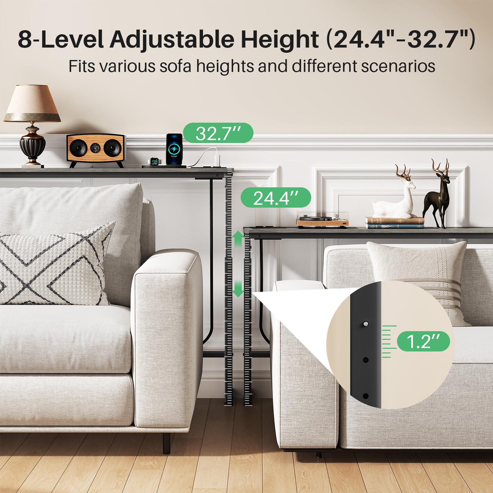 Kitstorack Narrow Sofa Table with Charging Station, 78.8" Behind Couch Table, Adjustable 24.4"-32.7" Height, Modular 2-piece Design for sectionals, entryways, Apartments, and Narrow Living Spaces
