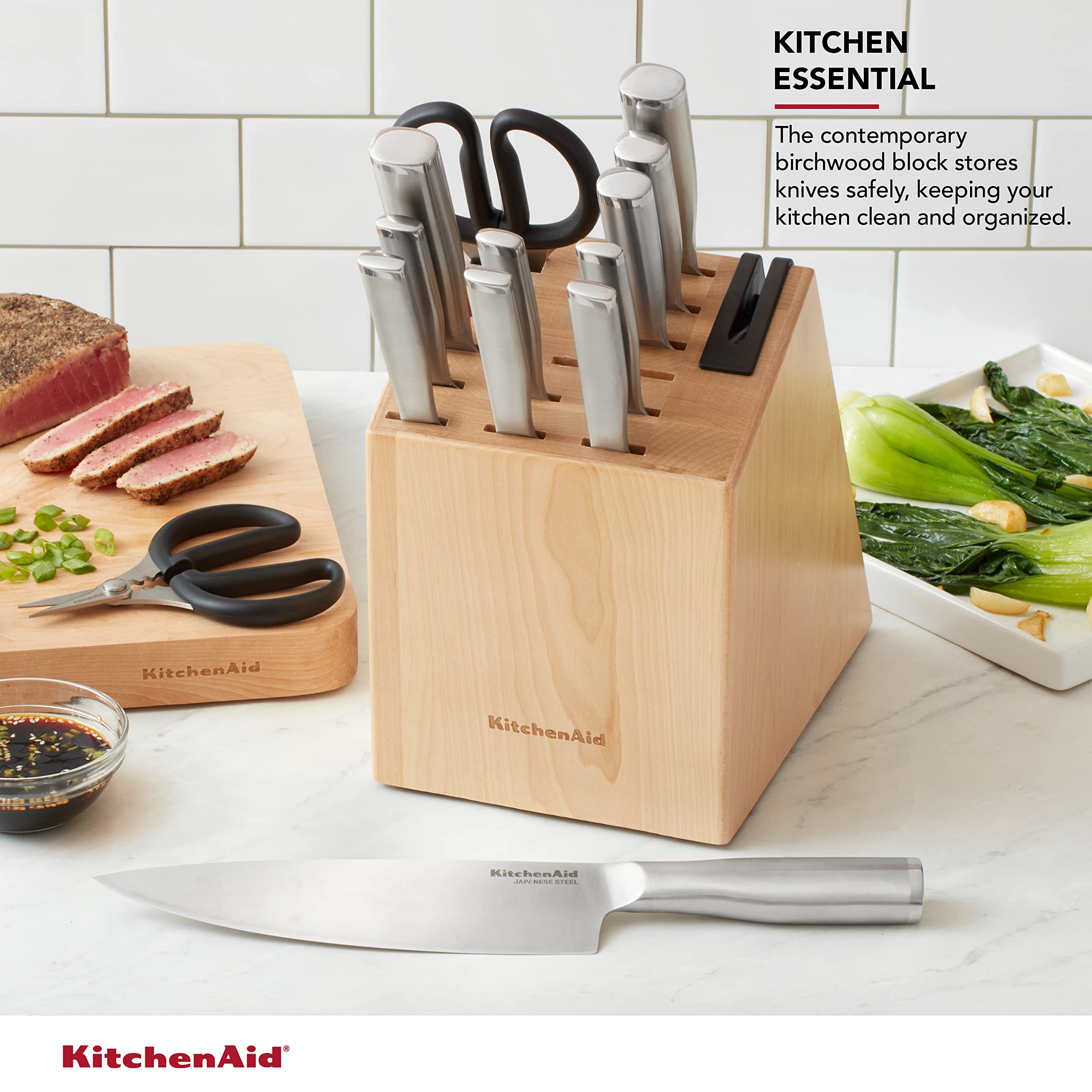 KitchenAid Gourmet Knife Block Set with Built-in Sharpener, 15-Piece, Stainless Steel