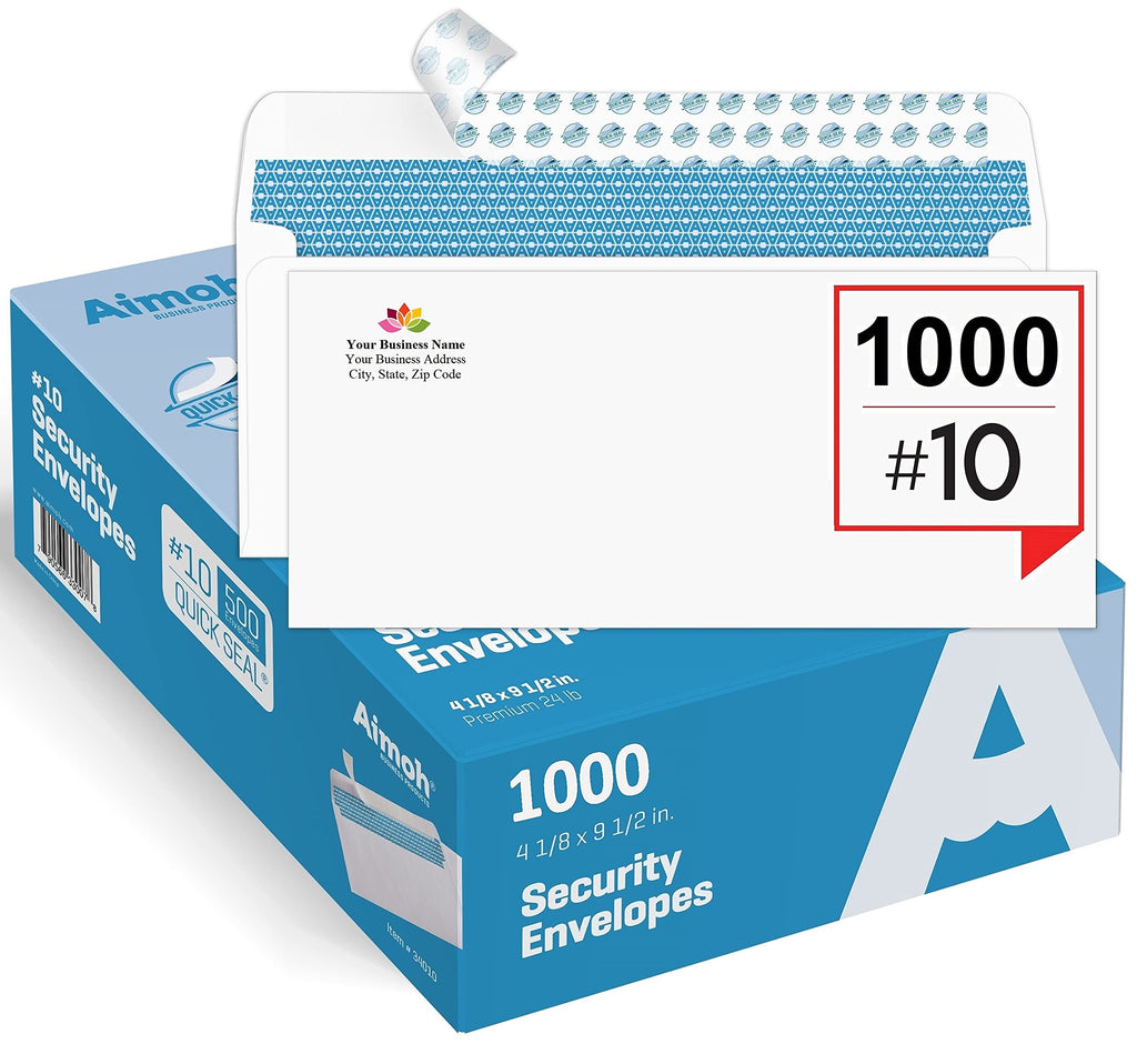 Aimoh 100#10 Custom Printed Security Tinted Self-Seal Envelopes – Personalized with Logo and Address/Return Address Imprinted - Size 4-1/8 X 9-1/2" - White - 24 LB - 100 Count (74100)