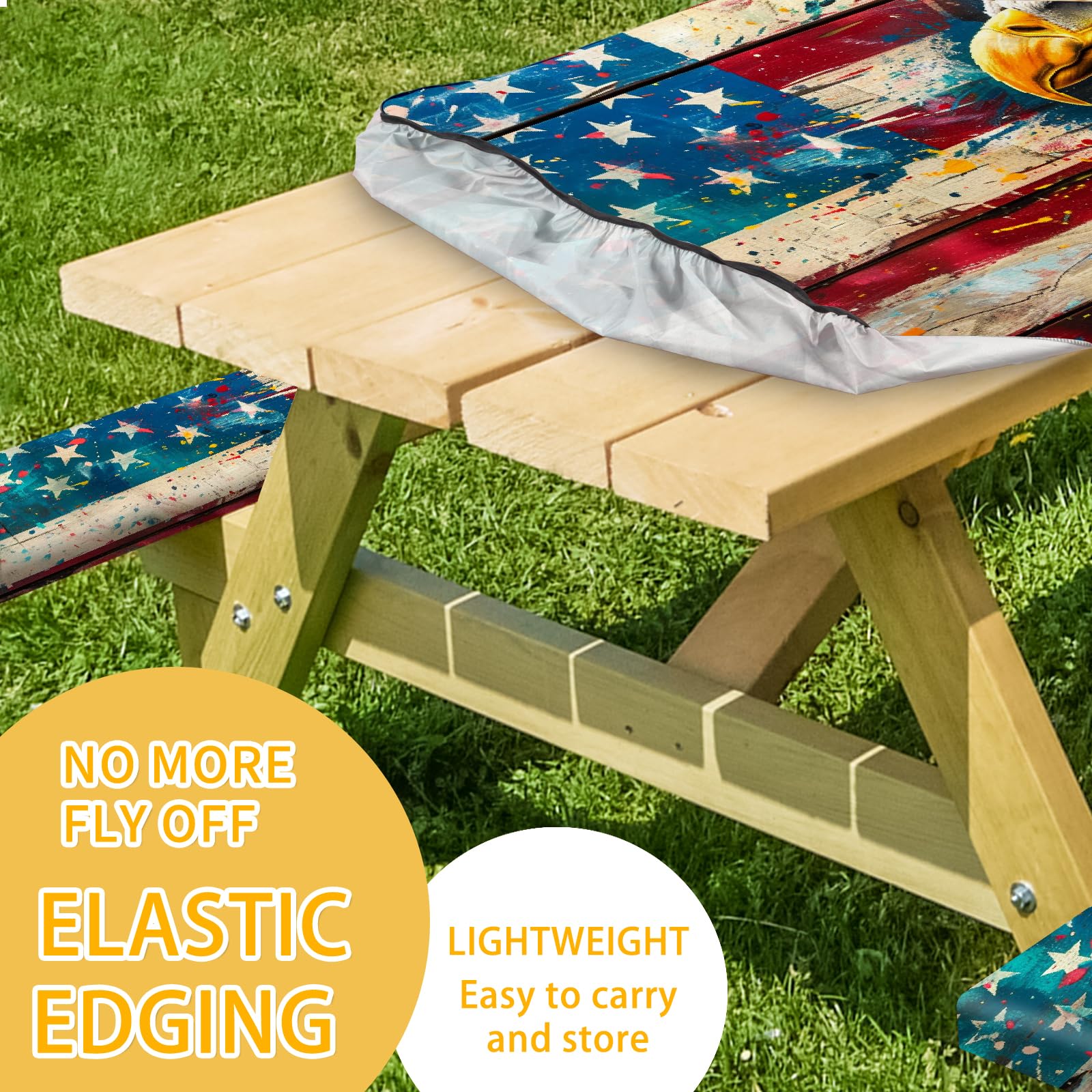 Park Picnic Table Cover with Bench Covers Lightweight Camping Essentials, Oil-Proof Waterproof 3PCS Tablecloth with Elastic, Fitted for Table 6FT Rectangle and Seats, American Flag Eagle (72x30in)
