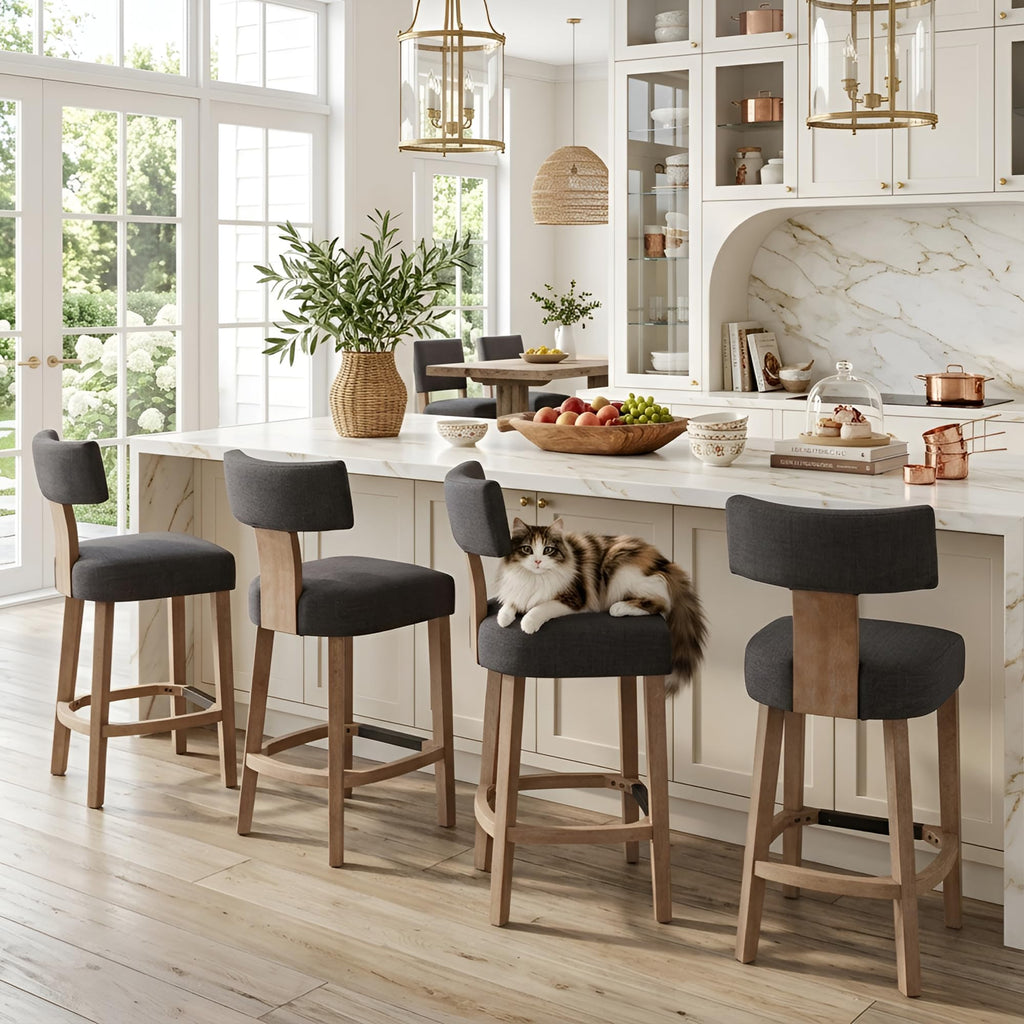 Farmhouse 30'' Extra Tall Bar Stools Set of 2 Modern Counter Height Barstools with Backs Rustic Wood Bar Stools Linen Upholstered Counter Chairs Kitchen Island Stool Chairs with Wood Frame, Beige