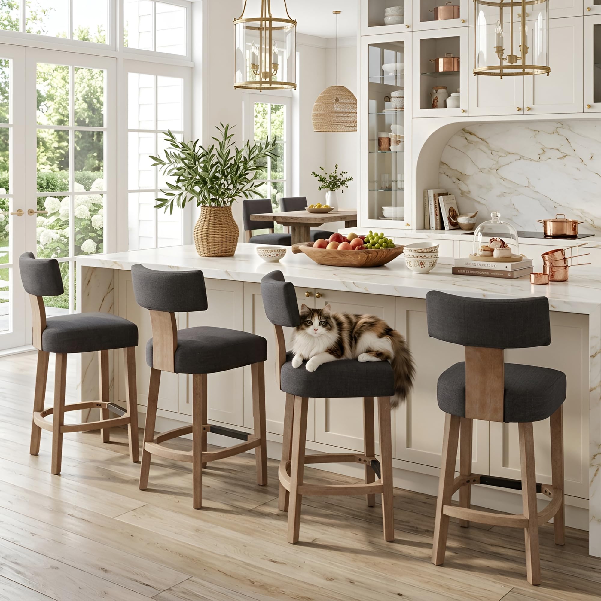 Farmhouse 30'' Extra Tall Bar Stools Set of 2 Modern Counter Height Barstools with Backs Rustic Wood Bar Stools Linen Upholstered Counter Chairs Kitchen Island Stool Chairs with Wood Frame, Beige
