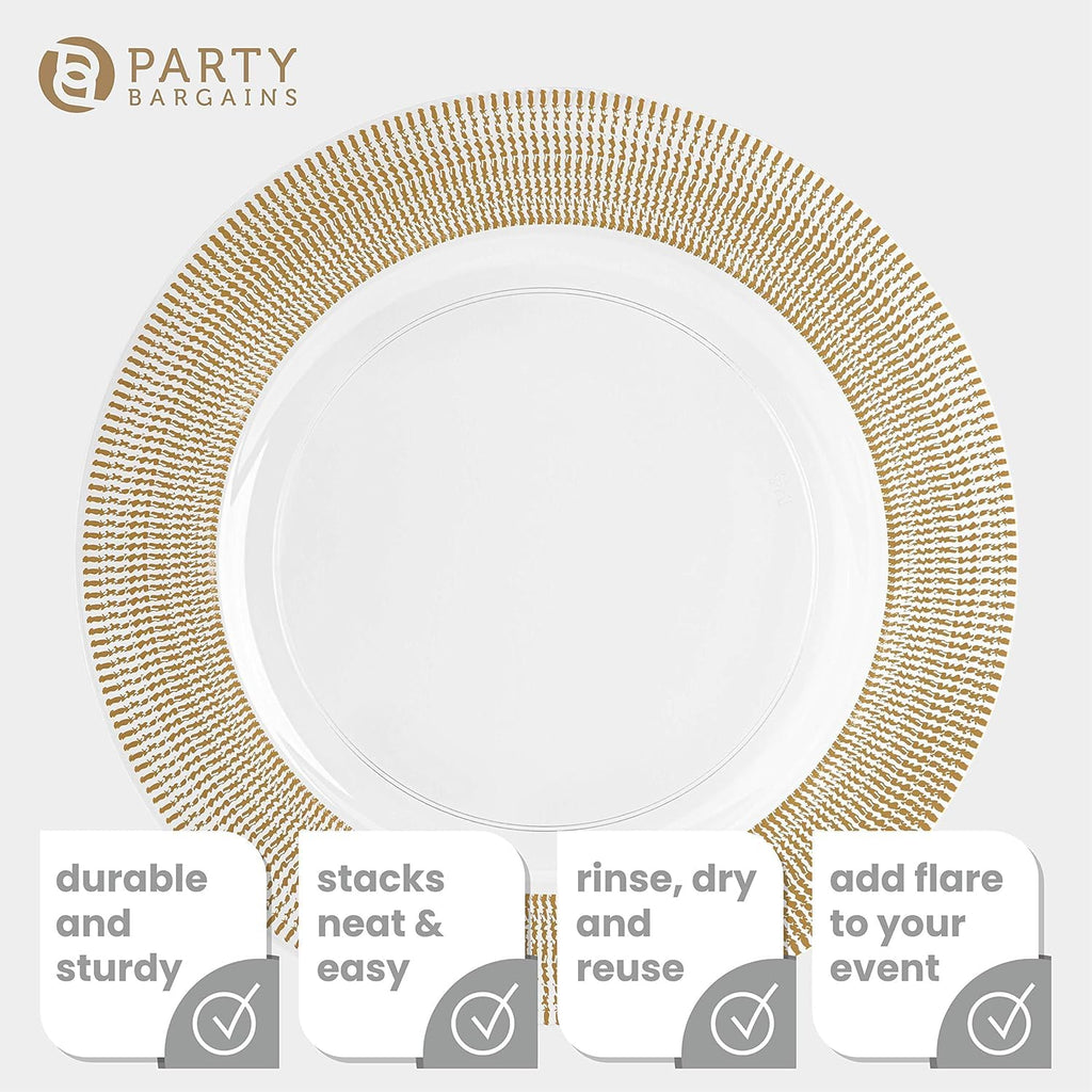PARTY BARGAINS 13-Inch Charger Plates - 96 Pack, Clear Gold Rim, Heavy-Duty Disposable Chargers for Elegant Dining - Ideal for Weddings and Formal Events