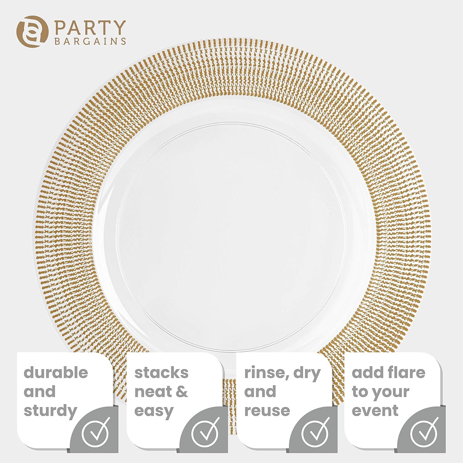 PARTY BARGAINS 13-Inch Charger Plates - 96 Pack, Clear Gold Rim, Heavy-Duty Disposable Chargers for Elegant Dining - Ideal for Weddings and Formal Events