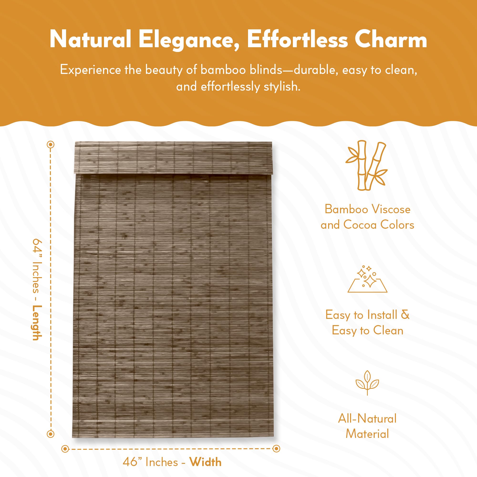 Radiance Cordless Bamboo Roman Shades for Windows - Flatstick Bamboo Blinds for Semi-Private Light Control - Easy to Lift & Fold Up Window Shades - Cocoa - 23 in. W x 64 in. L - (2216300E)