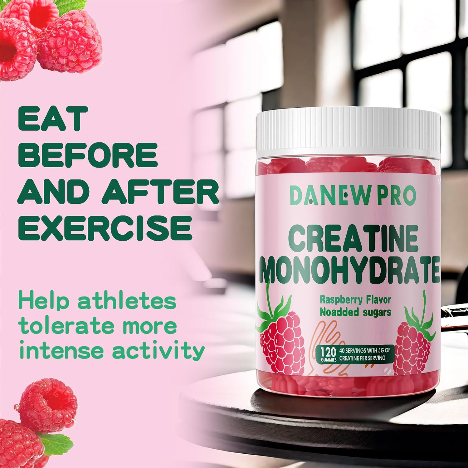 NSF Certified Creatine Gummy 5g - Creatine Monohydrate Gummies for Men & Women, Creatine Monohydrate for Muscle Strength, Muscle Builder, Energy Boost, Pre-Workout Supplement(120 Count)-Raspberry
