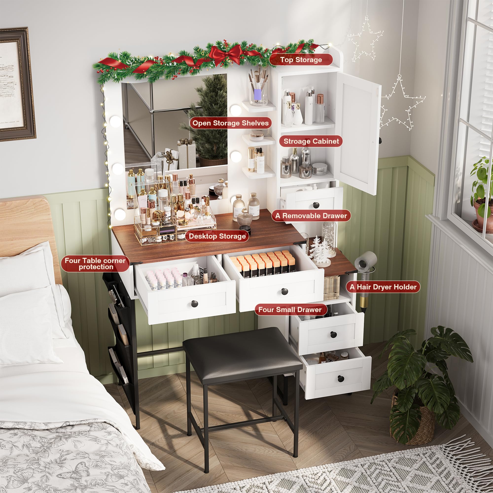 YIKEHOME Makeup Vanity Desk with Mirror and 10 Lights, 3-Colour Hollywood Brighter Bulbs, Vanity Table Set with Large Drawers and and Charging Station for Bedroom Dressing Room White