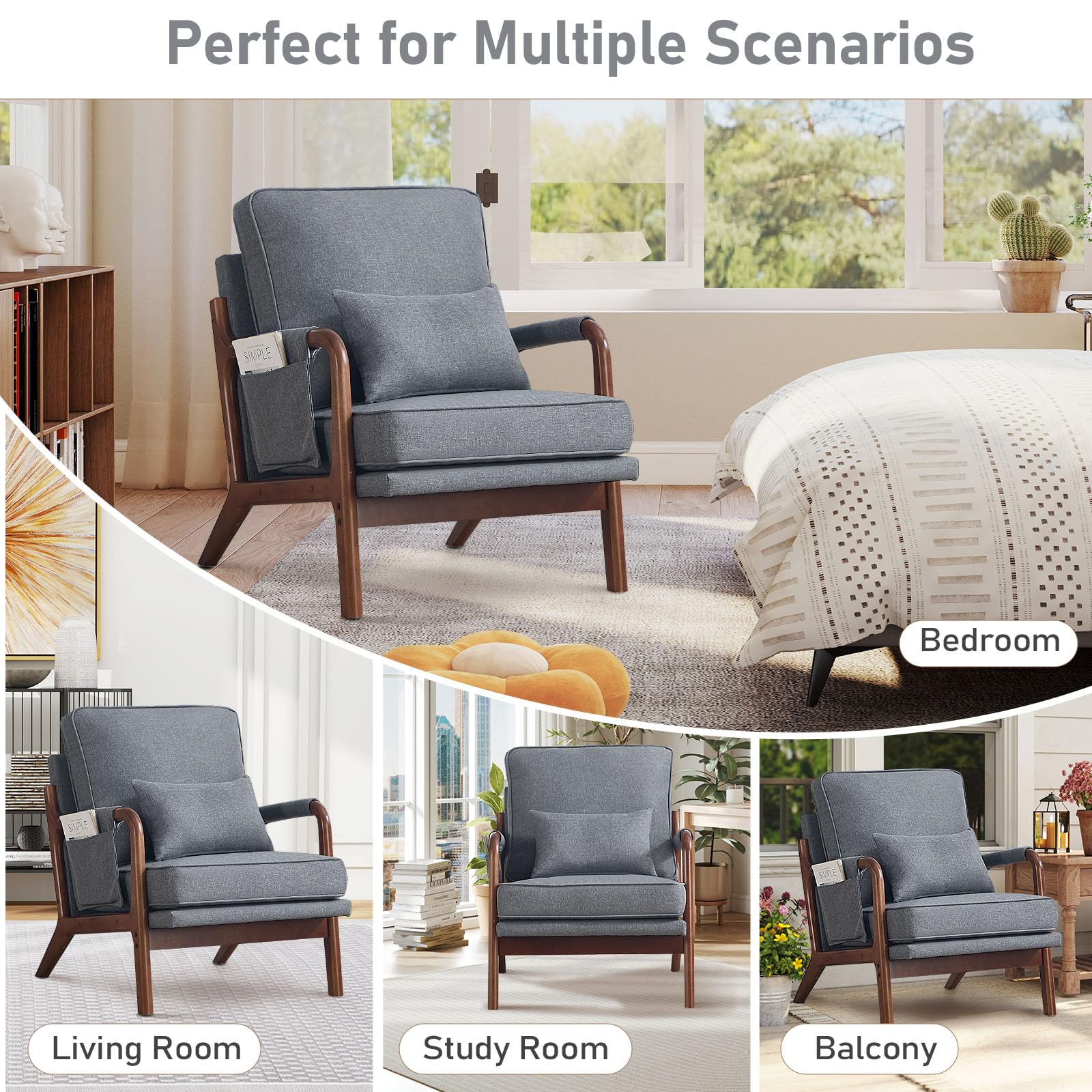 ANJ Mid Century Modern Accent Chair, Comfy Fabric Living Room Chairs with Solid Wood Frame, Lounge Reading Armchair, Easy Assembly, Beige