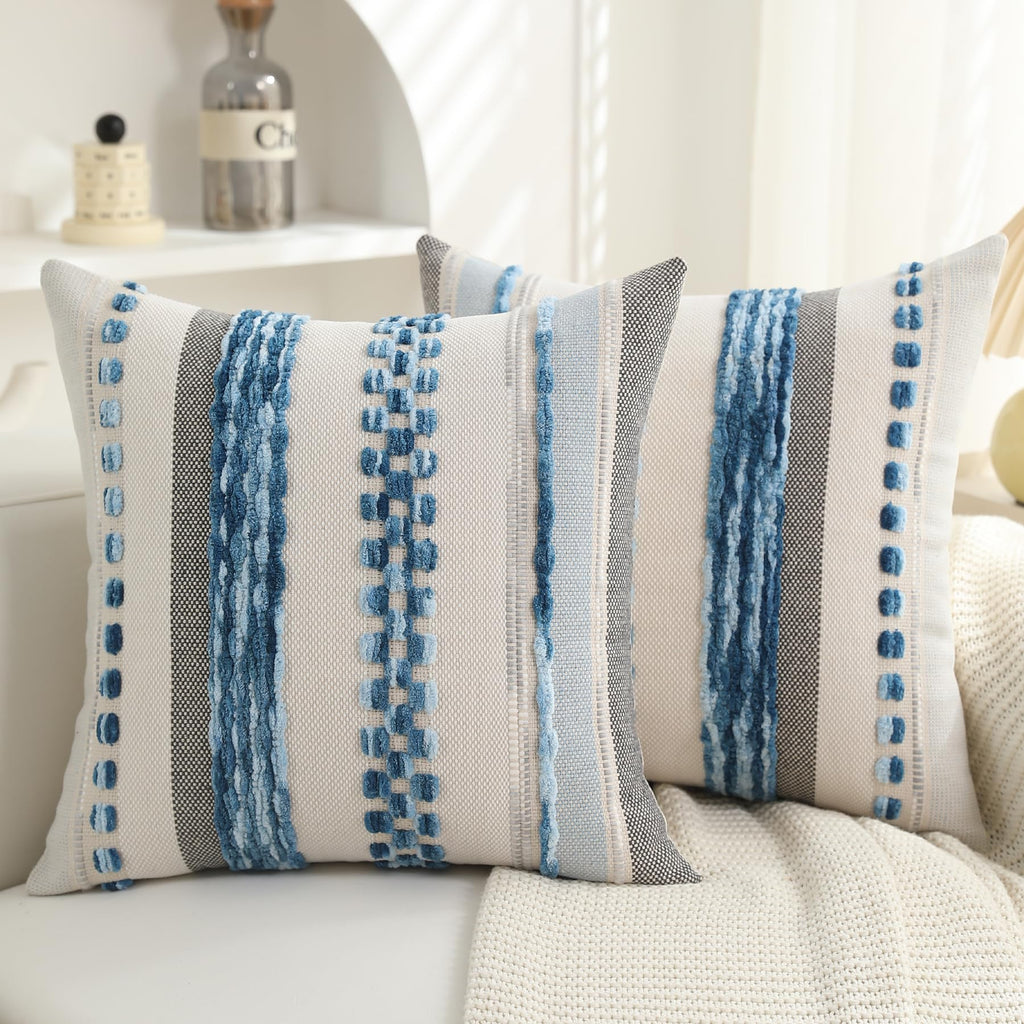 Boho Pillow Covers 18x18 Set of 2 for Couch-Modern Farmhouse Sofa Decorative Throw Pillow Covers Textured Chenille Cushion Covers Outdoor Netural Bohemian Pillow Cases Square
