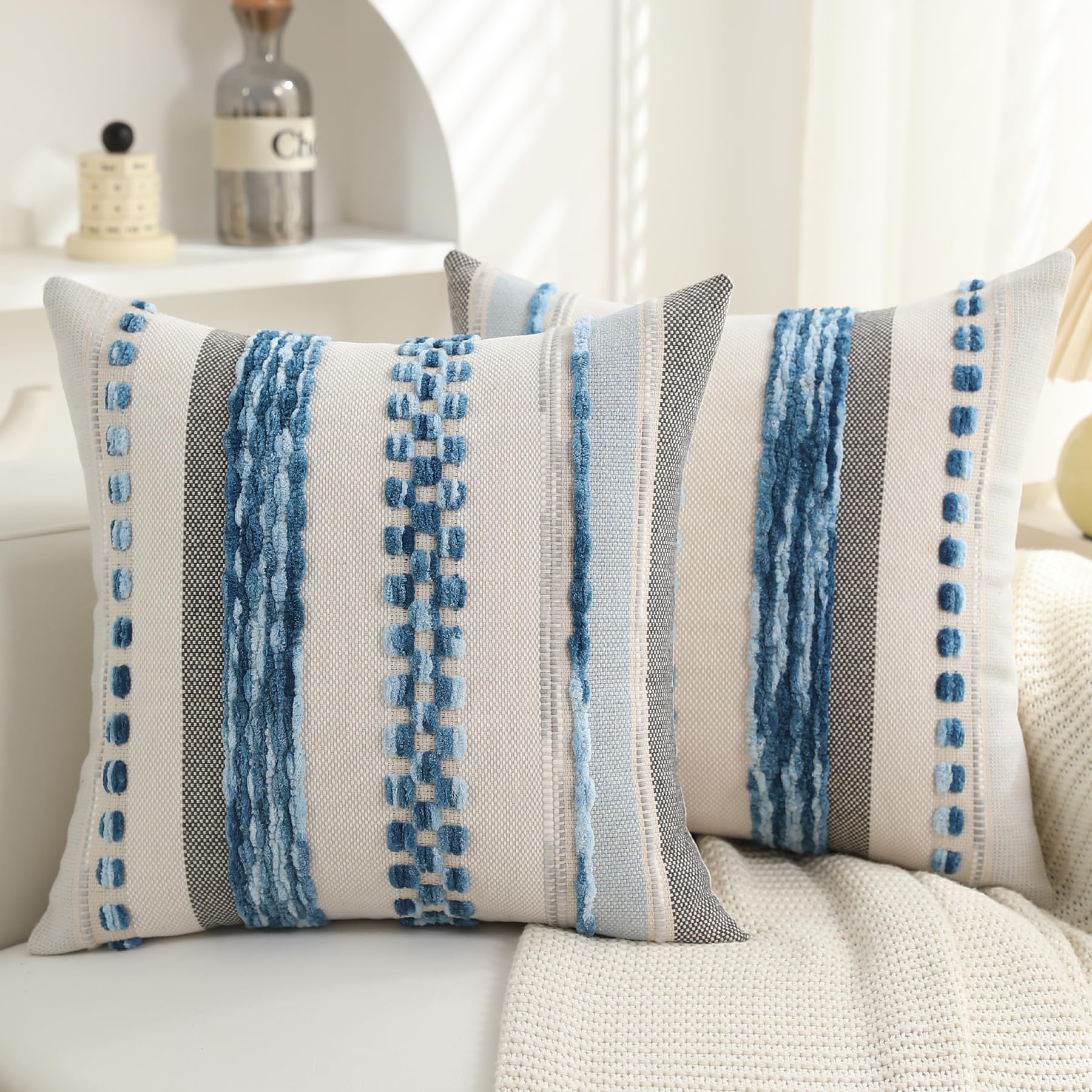 Boho Pillow Covers 18x18 Set of 2 for Couch-Modern Farmhouse Sofa Decorative Throw Pillow Covers Textured Chenille Cushion Covers Outdoor Netural Bohemian Pillow Cases Square